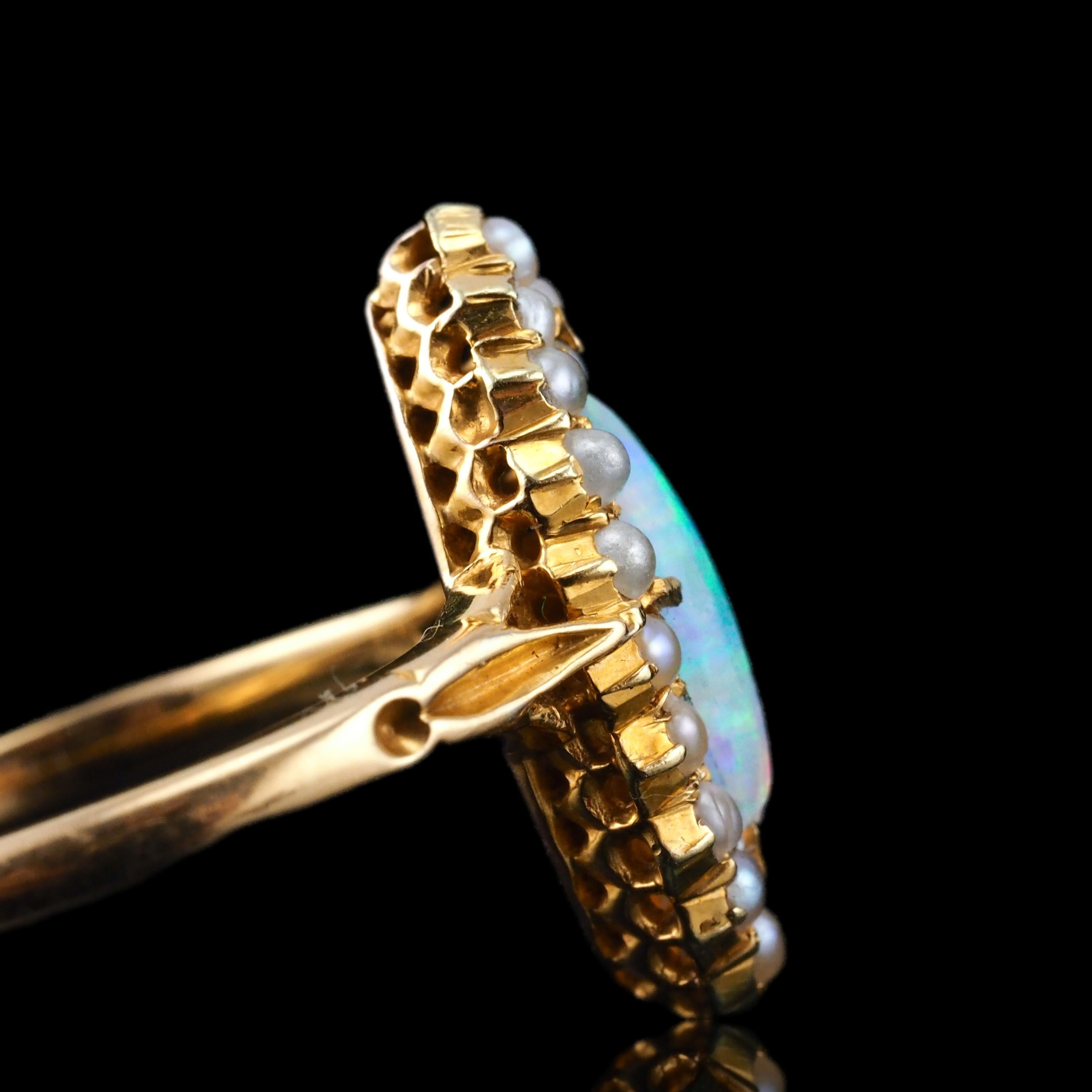 Antiker viktorianischer Opalring Marquise Cluster Perlen 18K Gold - c.1895 im Angebot 6