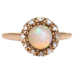 Antique Victorian Opal Rose Cut Diamond Ring Vintage 14 Karat Gold Round Halo
