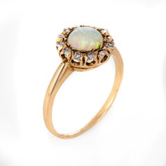 Antique Victorian Opal Rose Cut Diamond Ring Vintage 14 Karat Gold Round Halo
