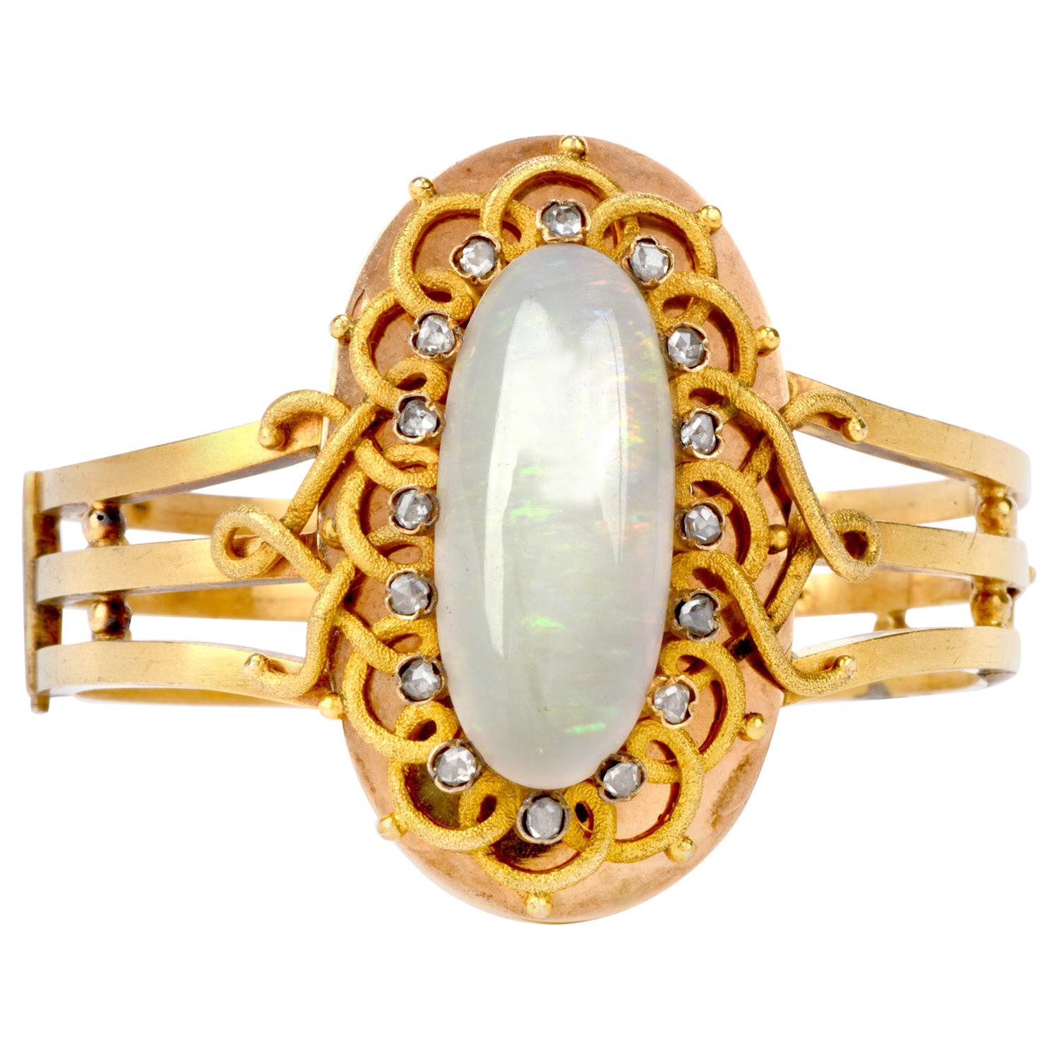 Antique Victorian Opal Rose Diamond 15 Karat Gold Bangle Bracelet