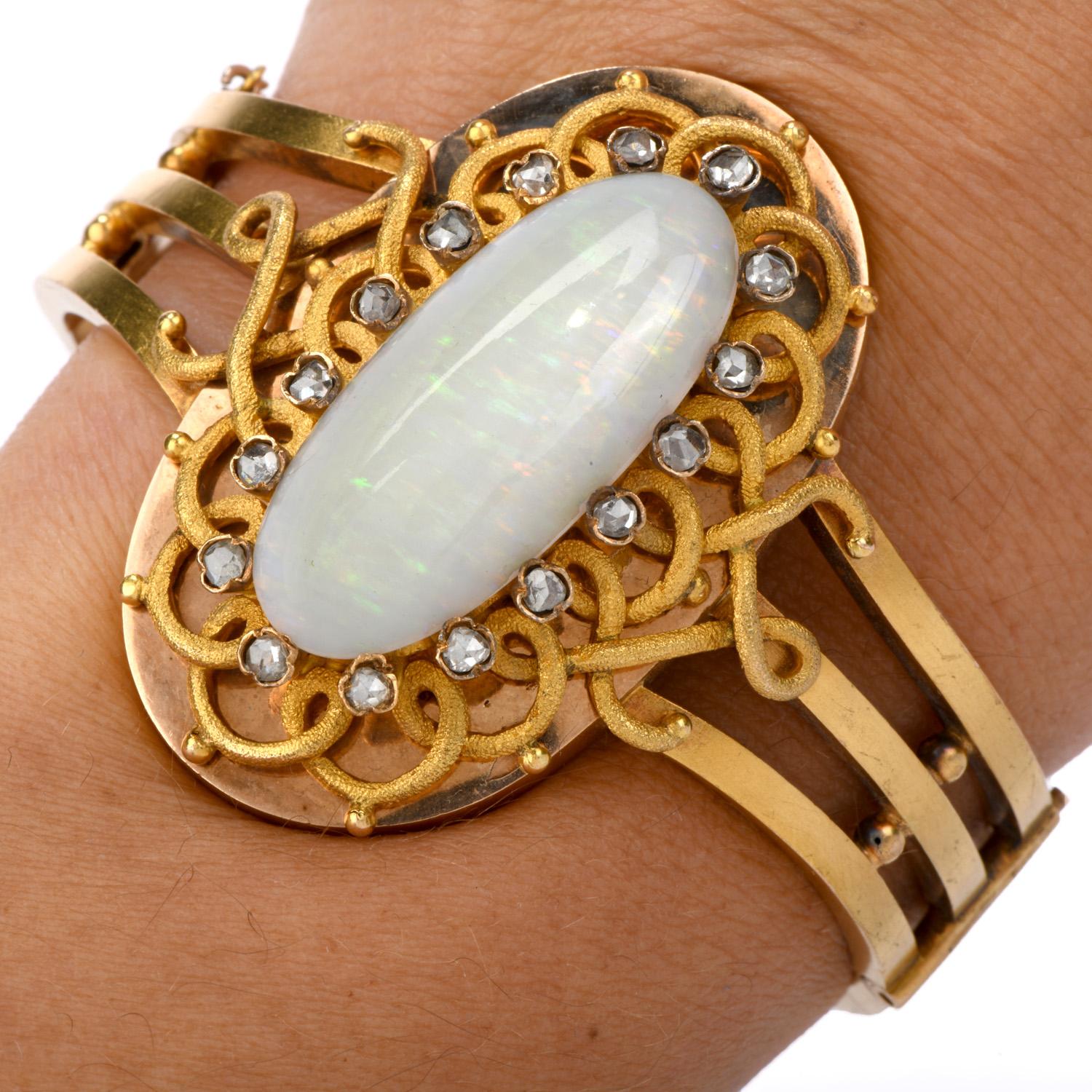 Women's or Men's Antique Victorian Opal Rose Diamond 15 Karat Gold Bangle Bracelet