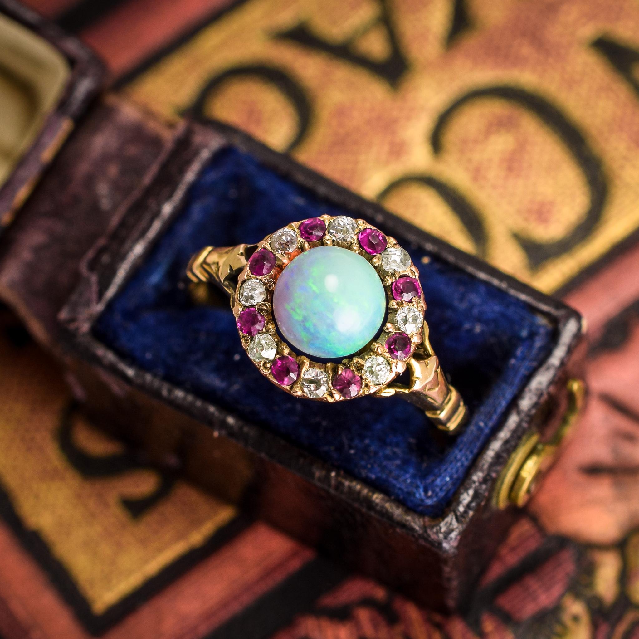 Antique Victorian Opal Ruby Diamond Cluster Ring 3