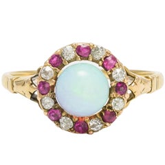 Antique Victorian Opal Ruby Diamond Cluster Ring