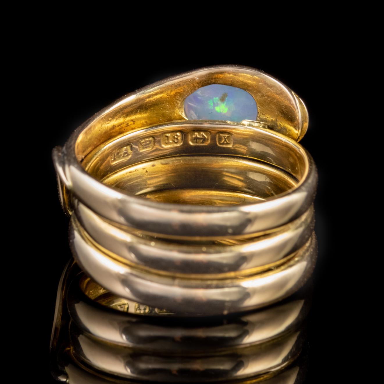 OPAL SNAKE RING 18CT GOLD SILVER 