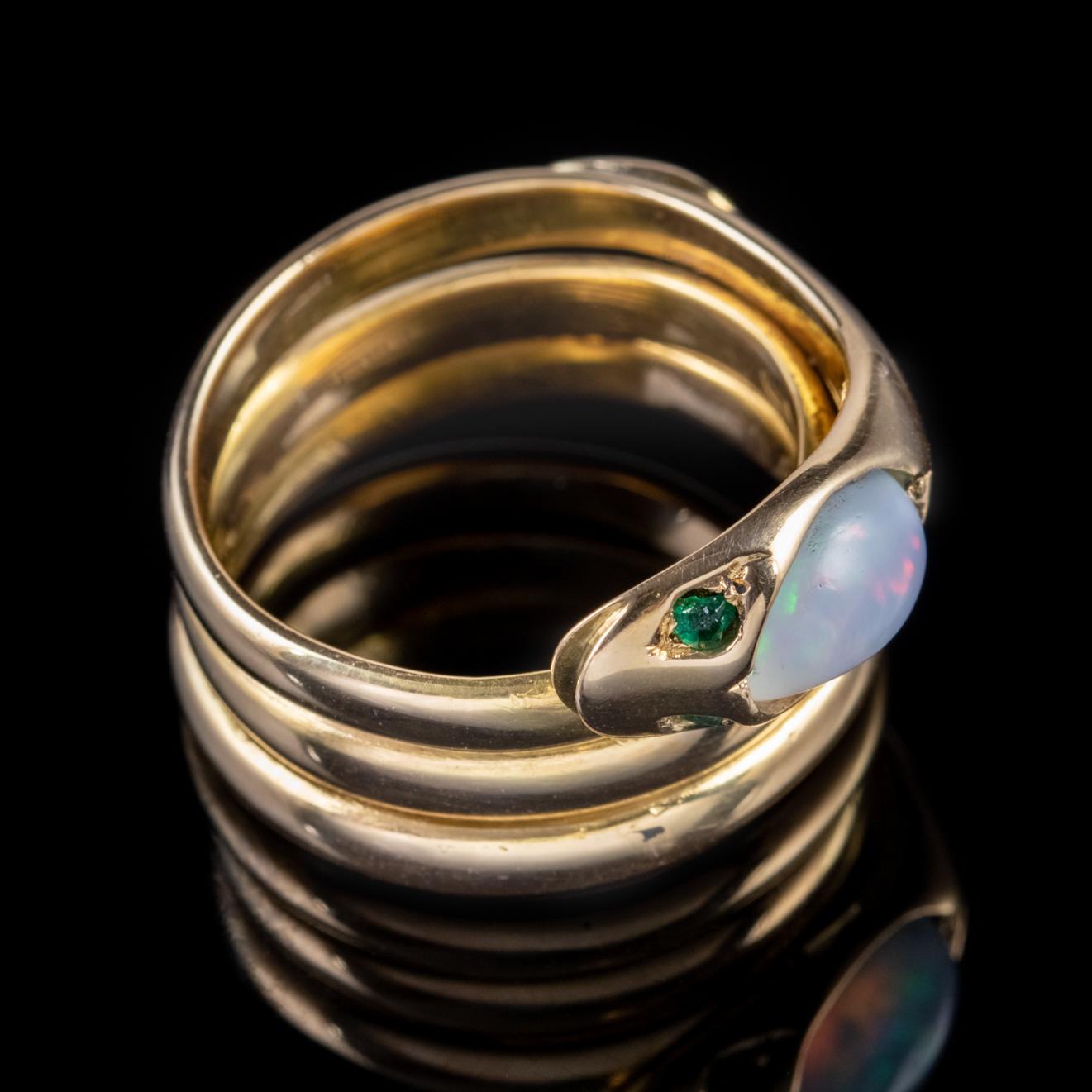 Antique Victorian Opal Snake Ring 18 Carat Gold Emerald Eyes Dated 1872 In Good Condition For Sale In Lancaster, Lancashire