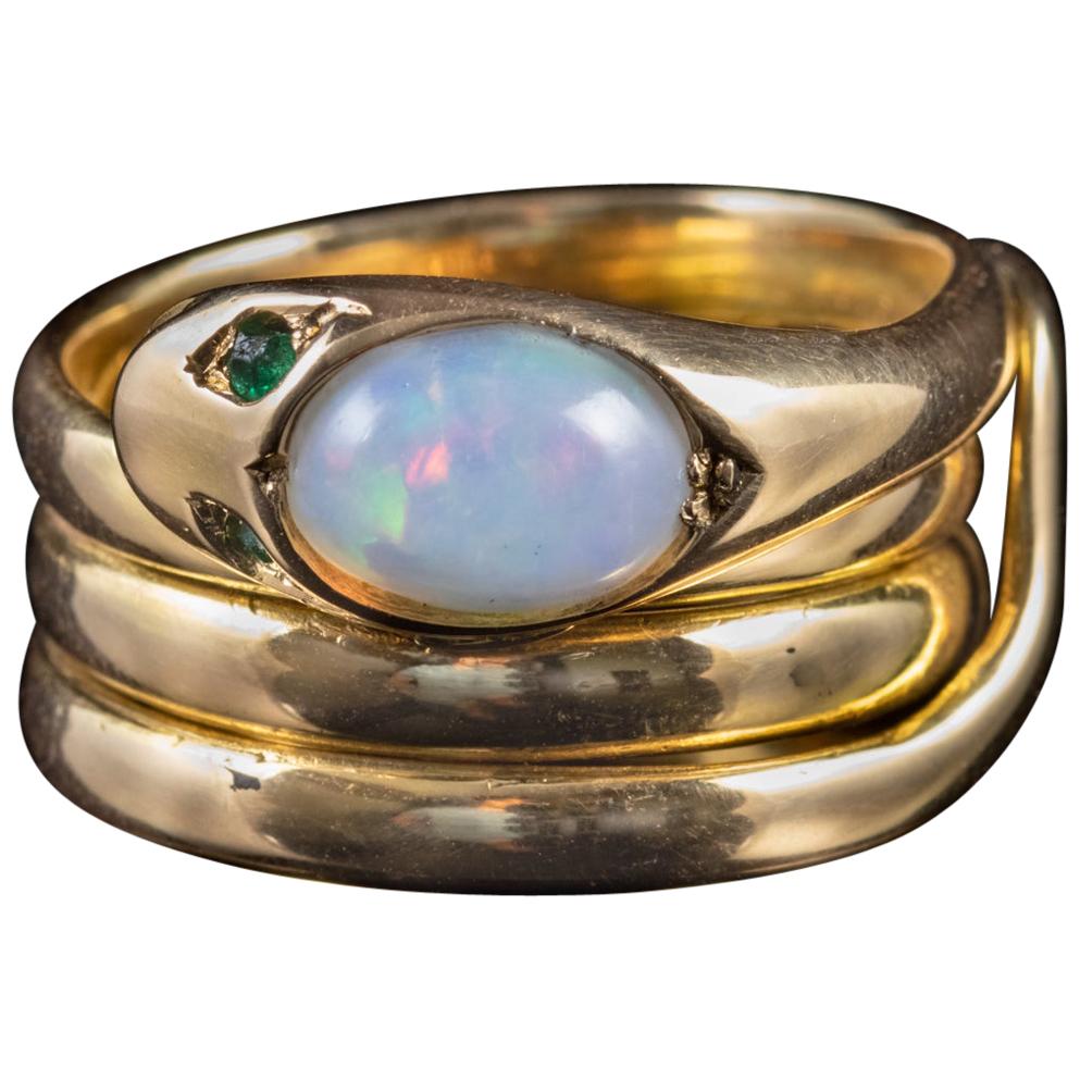 Antique Victorian Opal Snake Ring 18 Carat Gold Emerald Eyes Dated 1872 For Sale