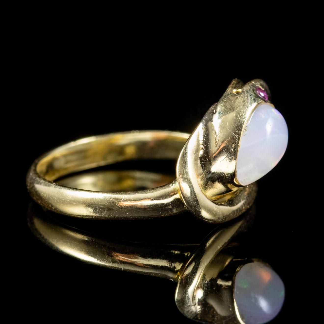 Women's Antique Victorian Opal Snake Ring 18 Carat Gold Ruby Eyes, circa 1900