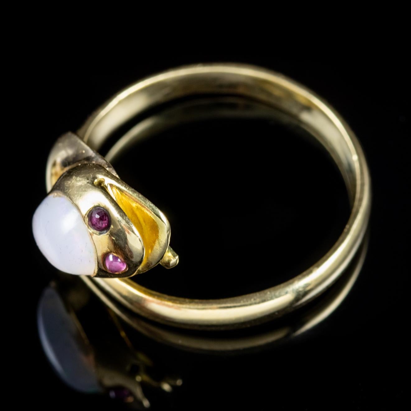 Antique Victorian Opal Snake Ring 18 Carat Gold Ruby Eyes, circa 1900 1
