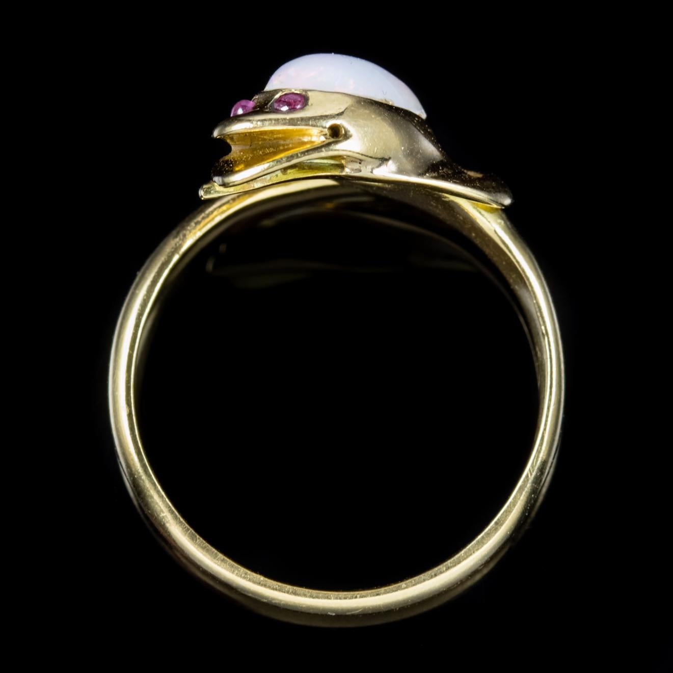 Antique Victorian Opal Snake Ring 18 Carat Gold Ruby Eyes, circa 1900 2