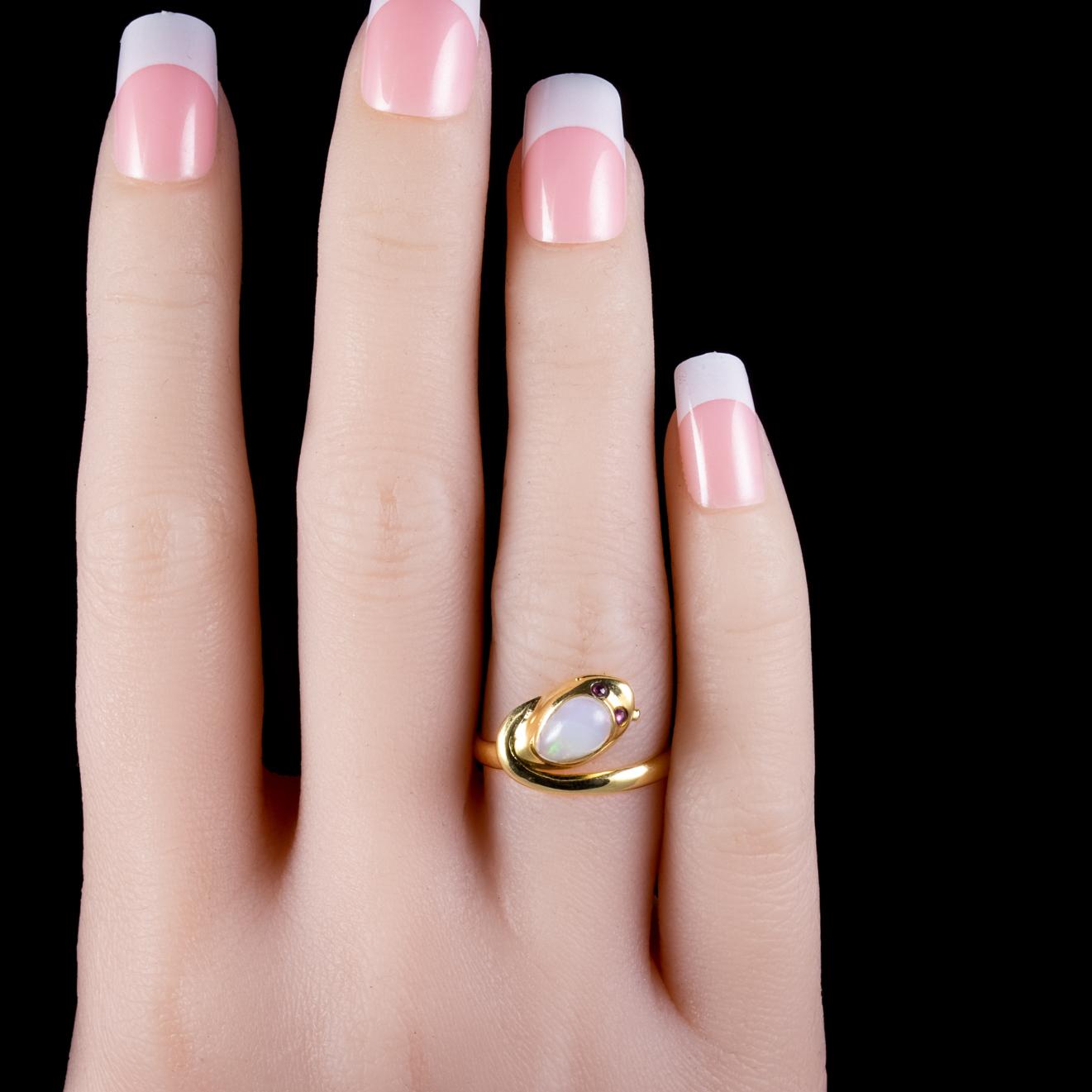 Antique Victorian Opal Snake Ring 18 Carat Gold Ruby Eyes, circa 1900 3