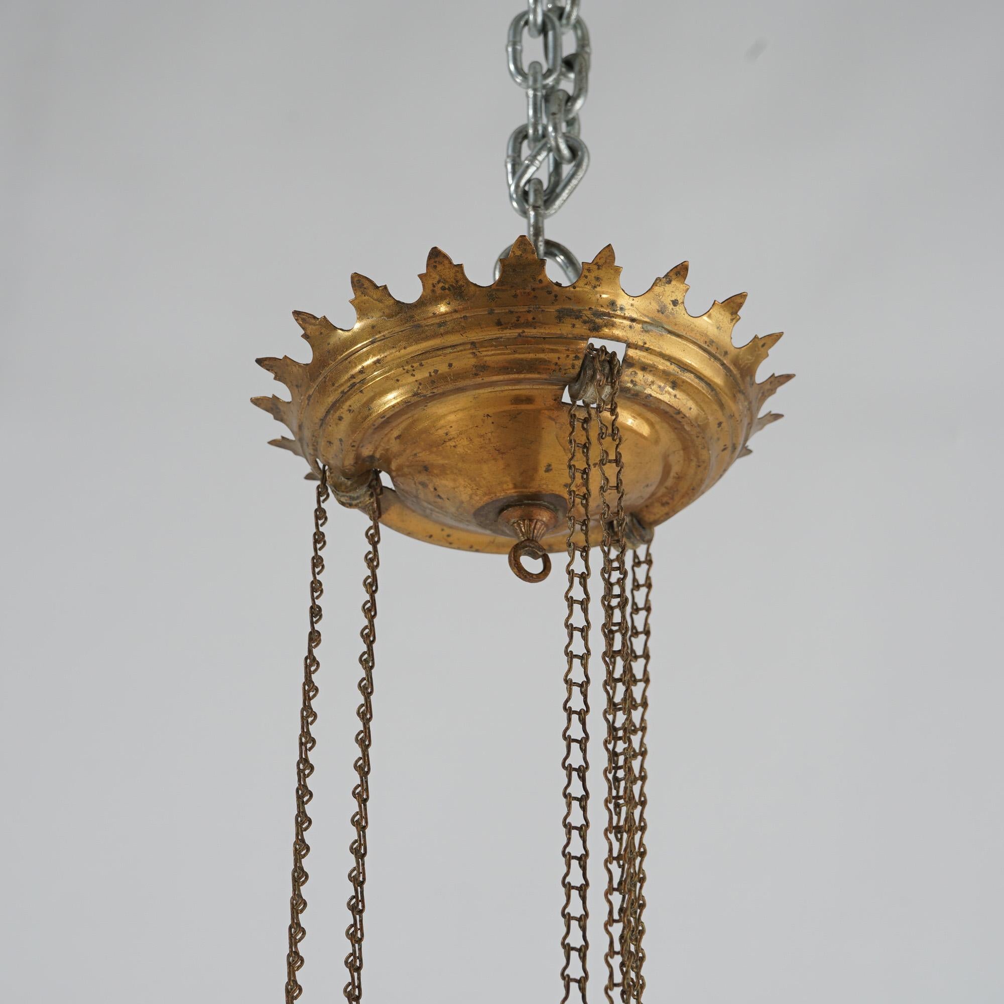 Antique Victorian Opalescent Vaseline Glass & Brass Hanging Hall Lamp Circa 1880 For Sale 2