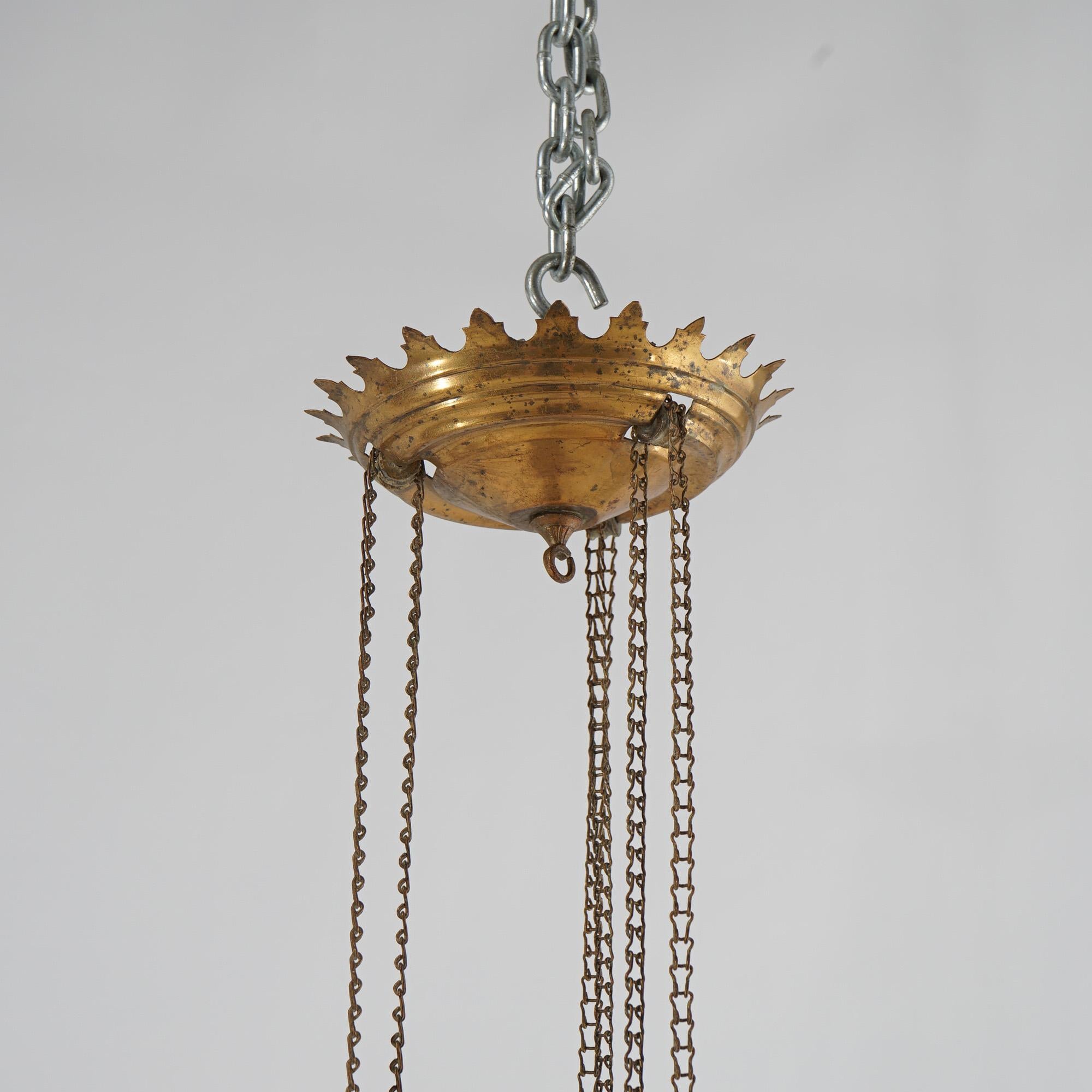 Antique Victorian Opalescent Vaseline Glass & Brass Hanging Hall Lamp Circa 1880 For Sale 3