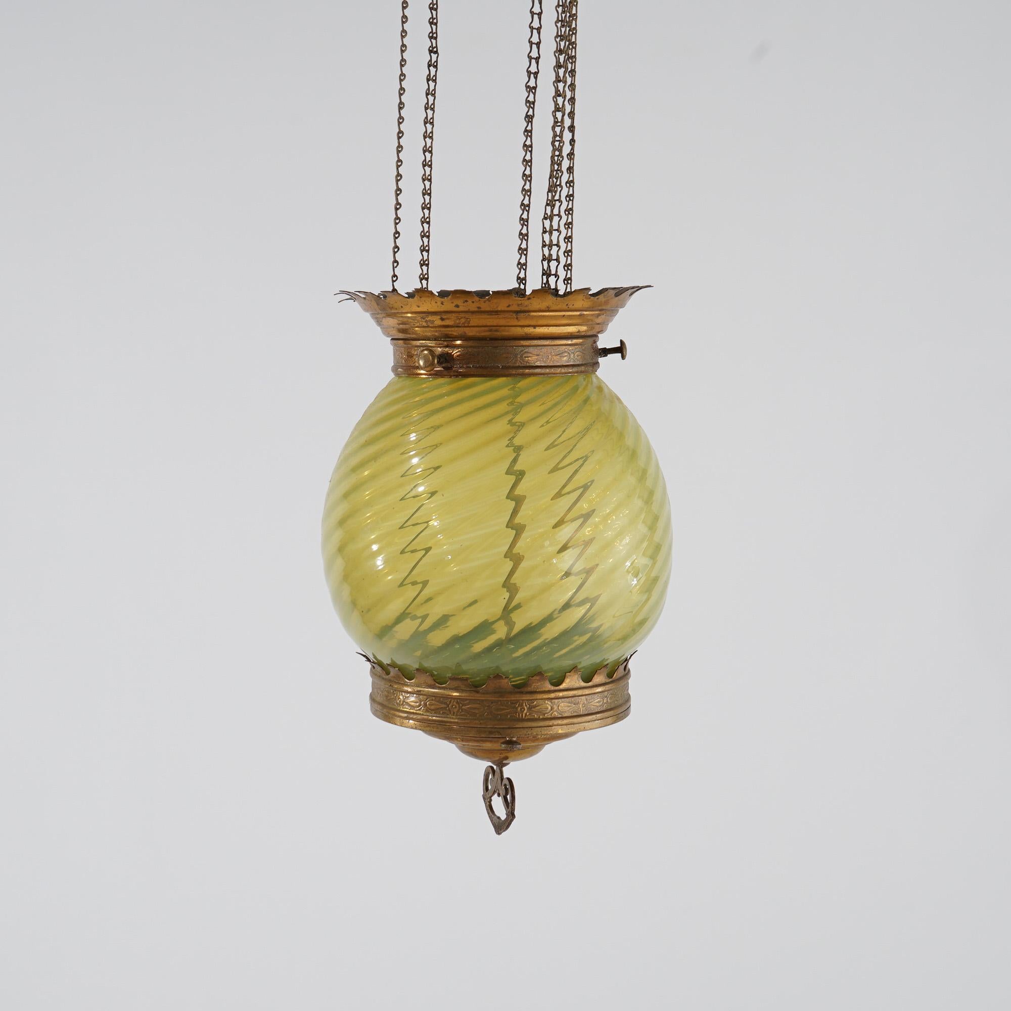 American Antique Victorian Opalescent Vaseline Glass & Brass Hanging Hall Lamp Circa 1880 For Sale