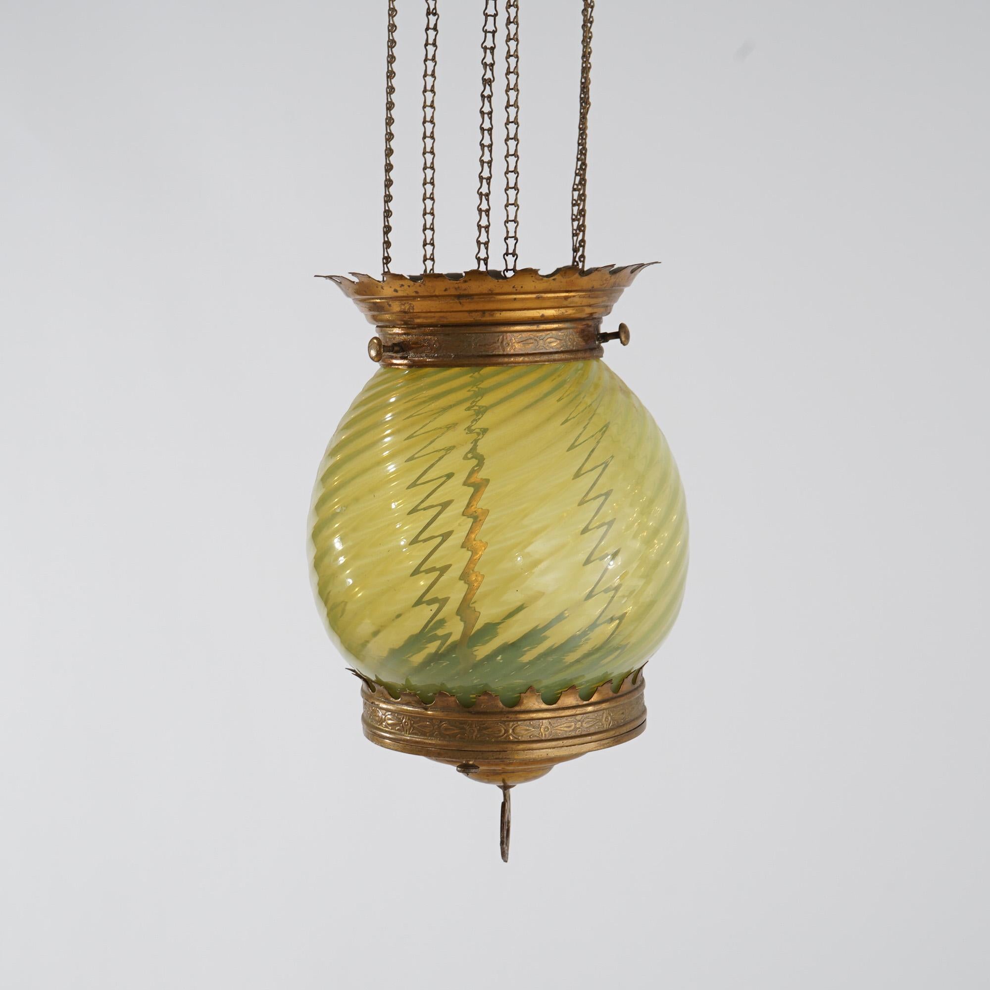 Antique Victorian Opalescent Vaseline Glass & Brass Hanging Hall Lamp Circa 1880 In Good Condition For Sale In Big Flats, NY