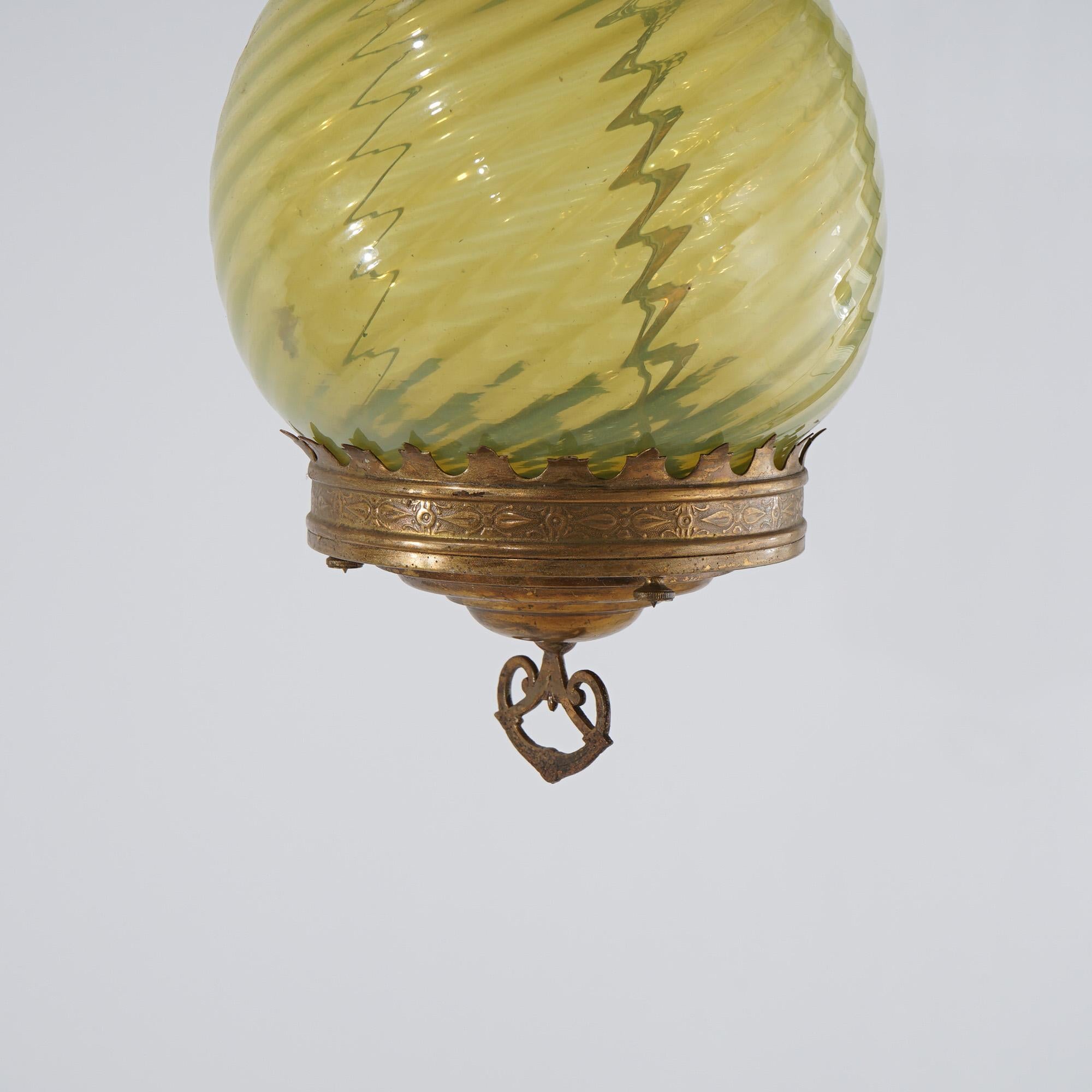 19th Century Antique Victorian Opalescent Vaseline Glass & Brass Hanging Hall Lamp Circa 1880 For Sale