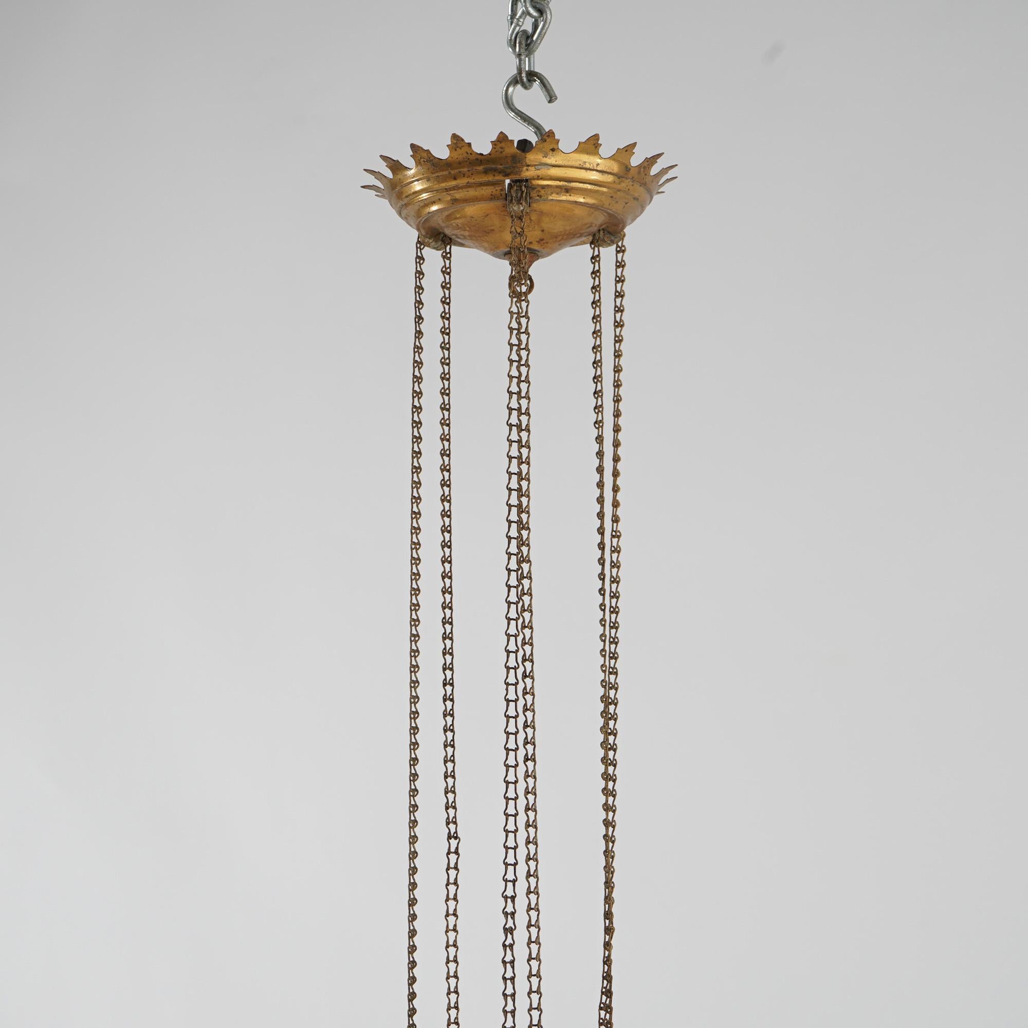 Antique Victorian Opalescent Vaseline Glass & Brass Hanging Hall Lamp Circa 1880 For Sale 1