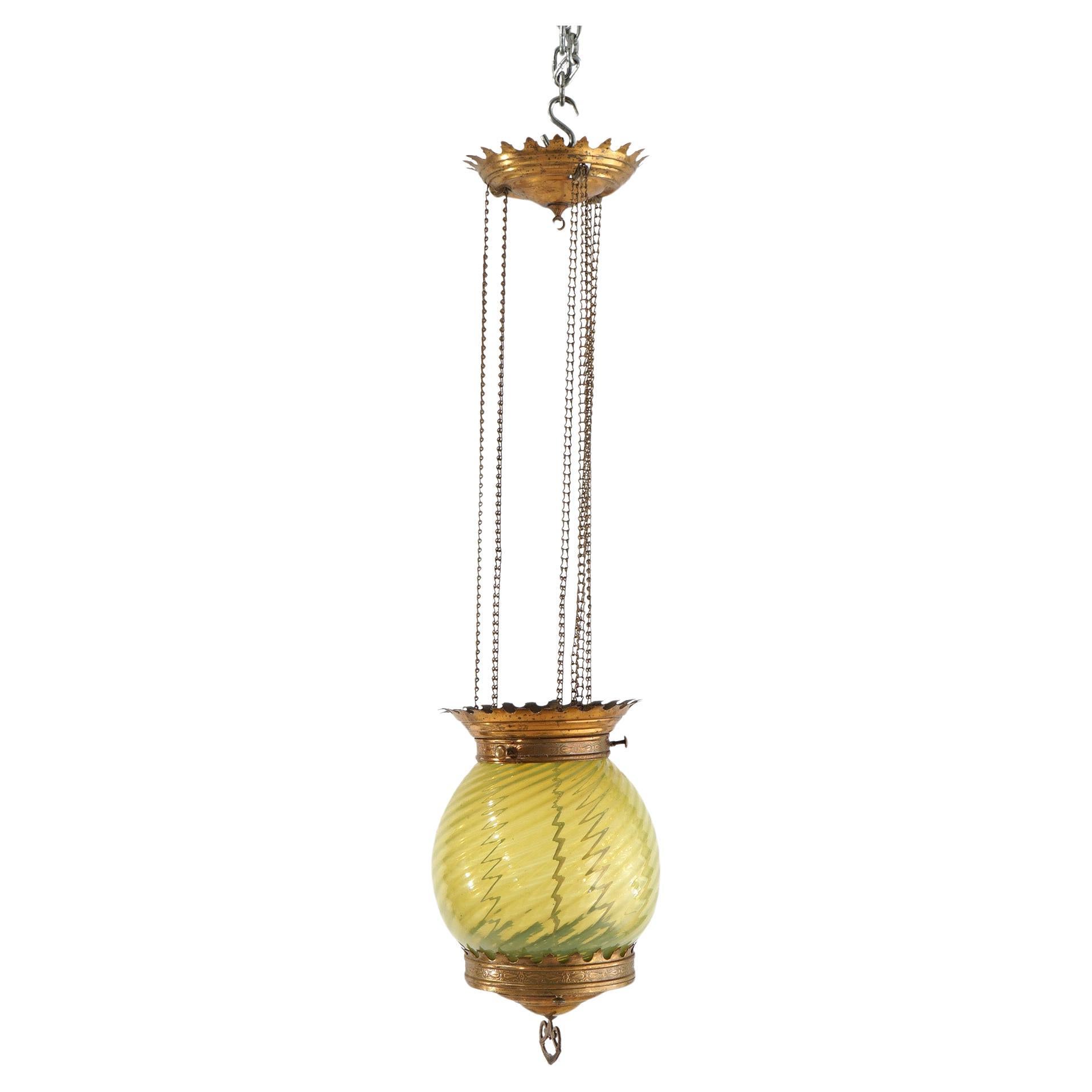 Antique Victorian Opalescent Vaseline Glass & Brass Hanging Hall Lamp Circa 1880