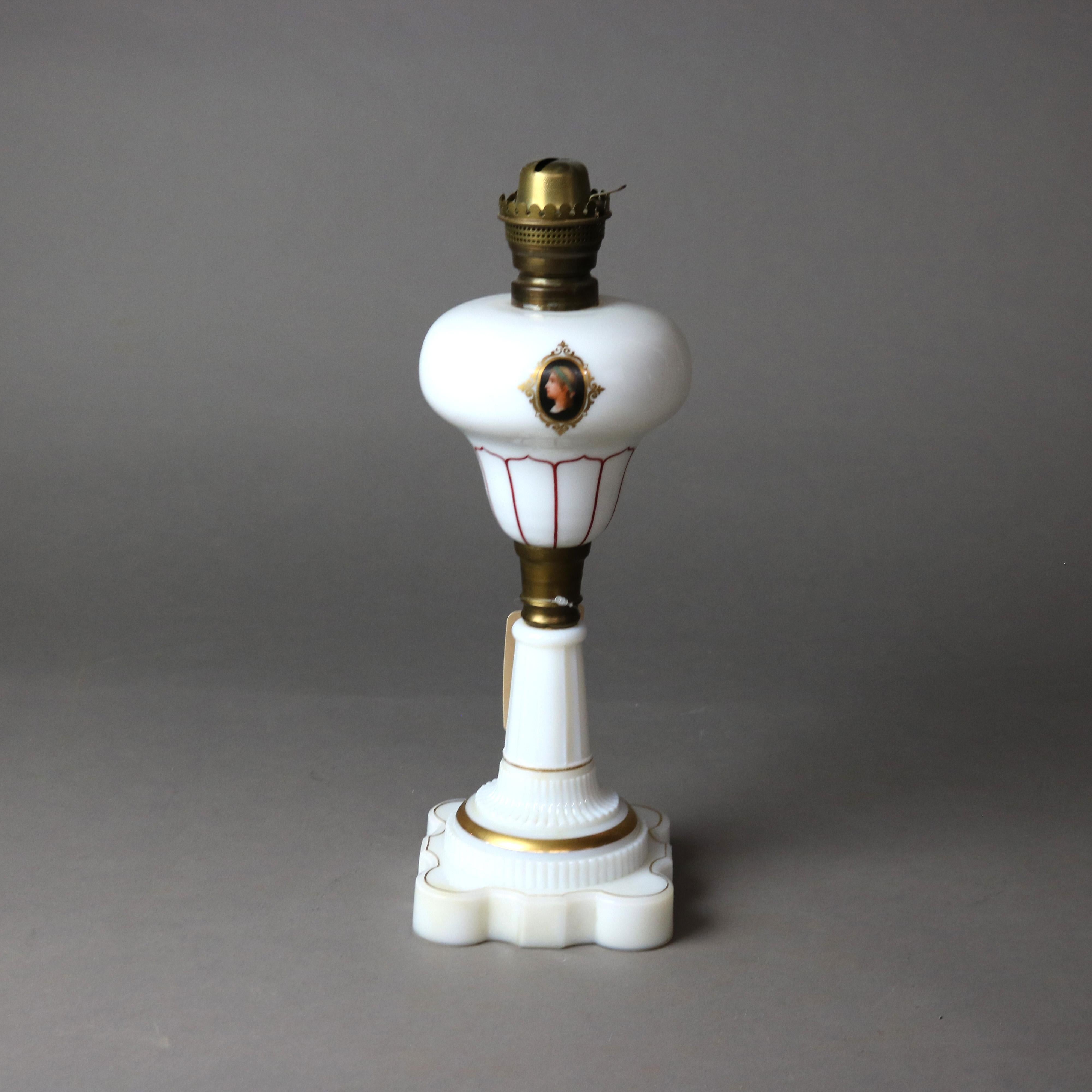 Antique Victorian Opaline Glass & Brass Figural Portrait Oil Lamp with Classical Woman C1890

16