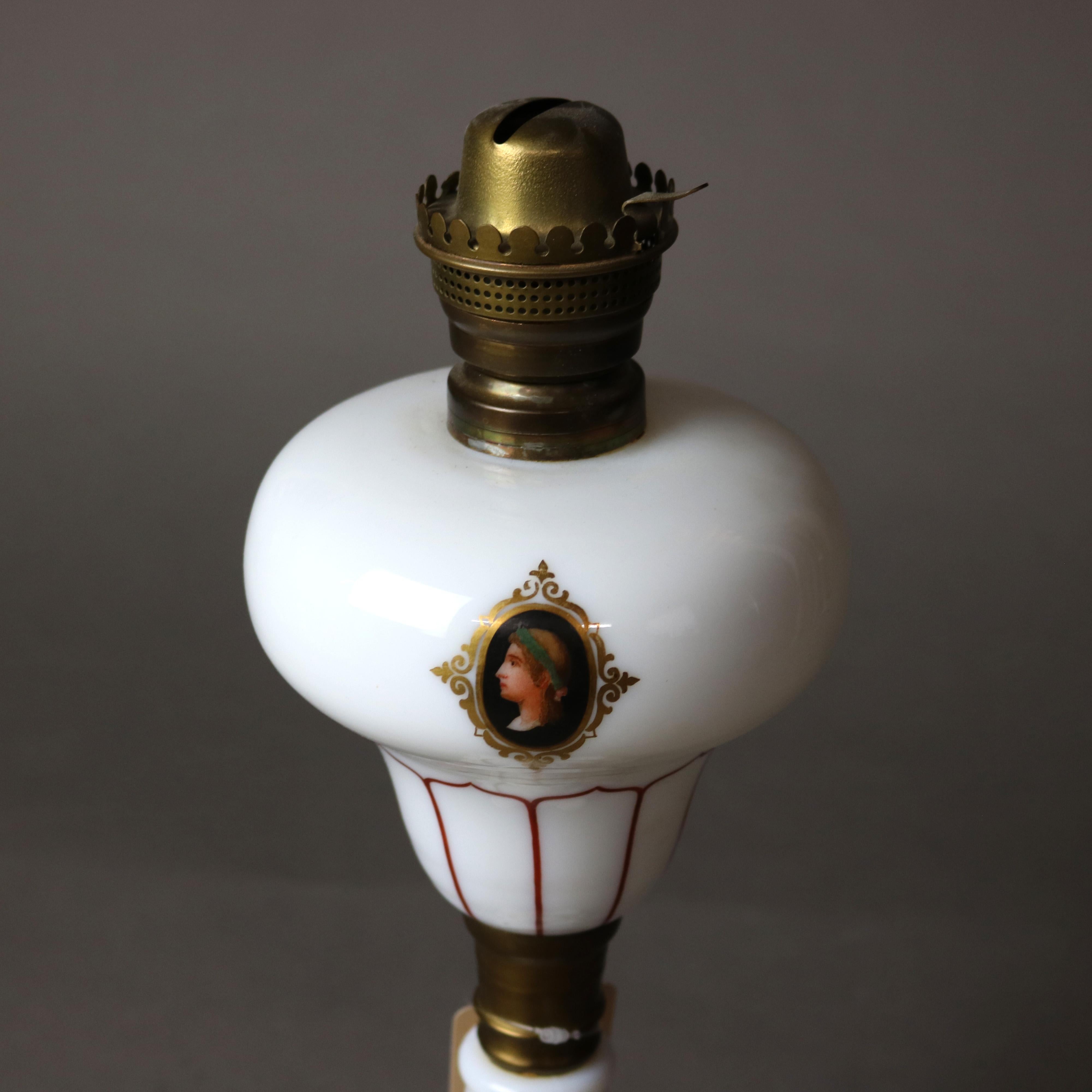 19th Century Antique Victorian Opaline Glass & Brass Figural Portrait Oil Lamp C1890