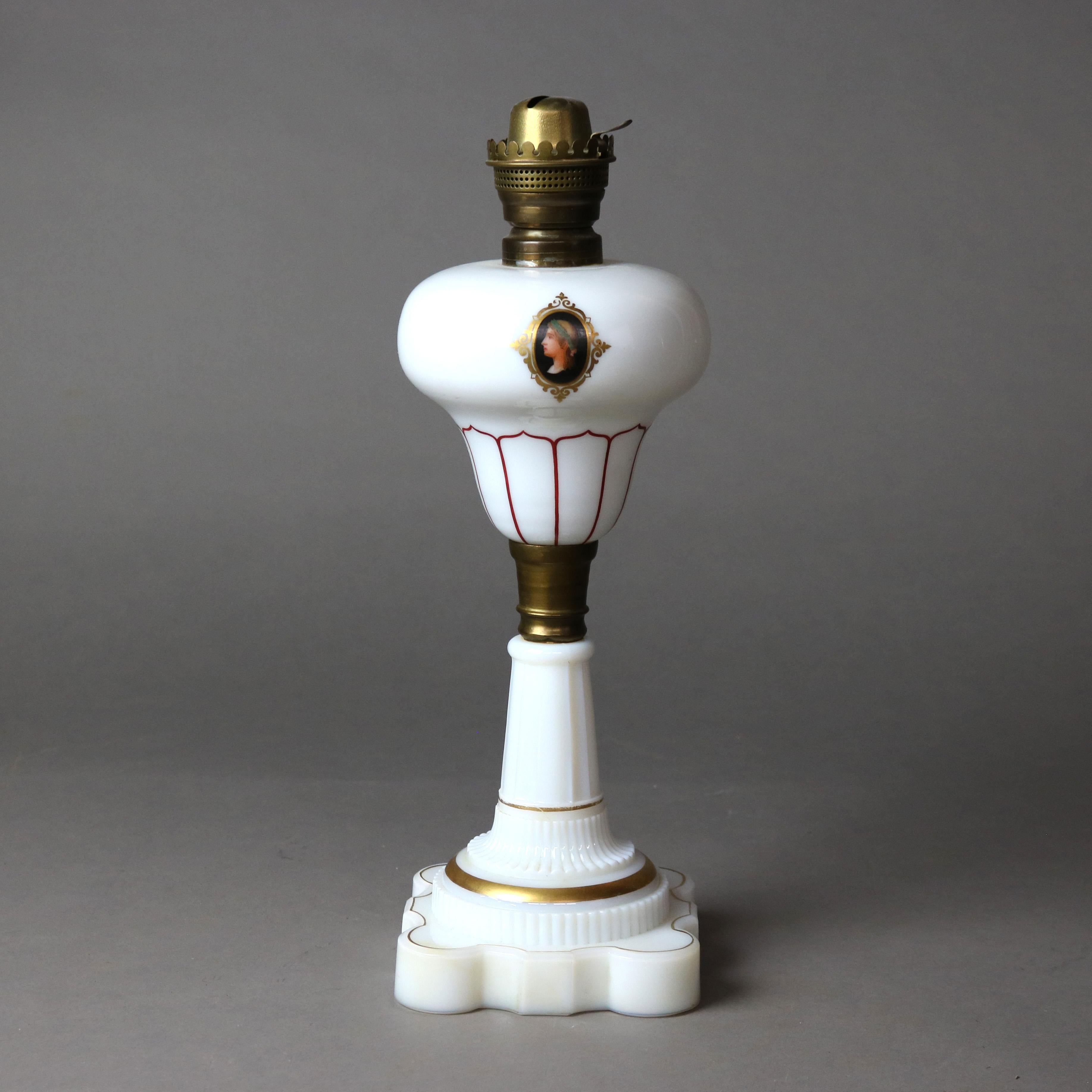 Art Glass Antique Victorian Opaline Glass & Brass Figural Portrait Oil Lamp C1890