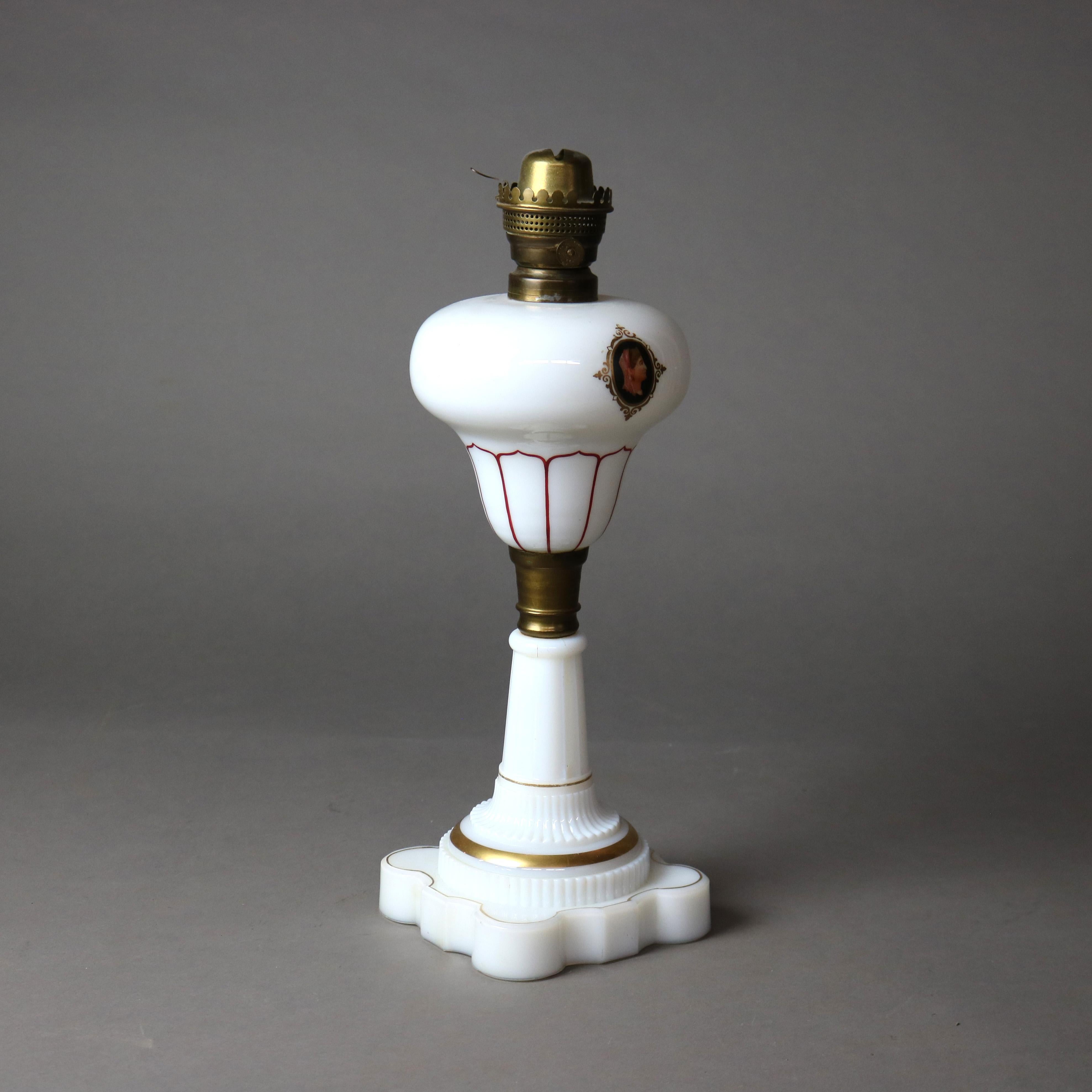 Antique Victorian Opaline Glass & Brass Figural Portrait Oil Lamp C1890 2
