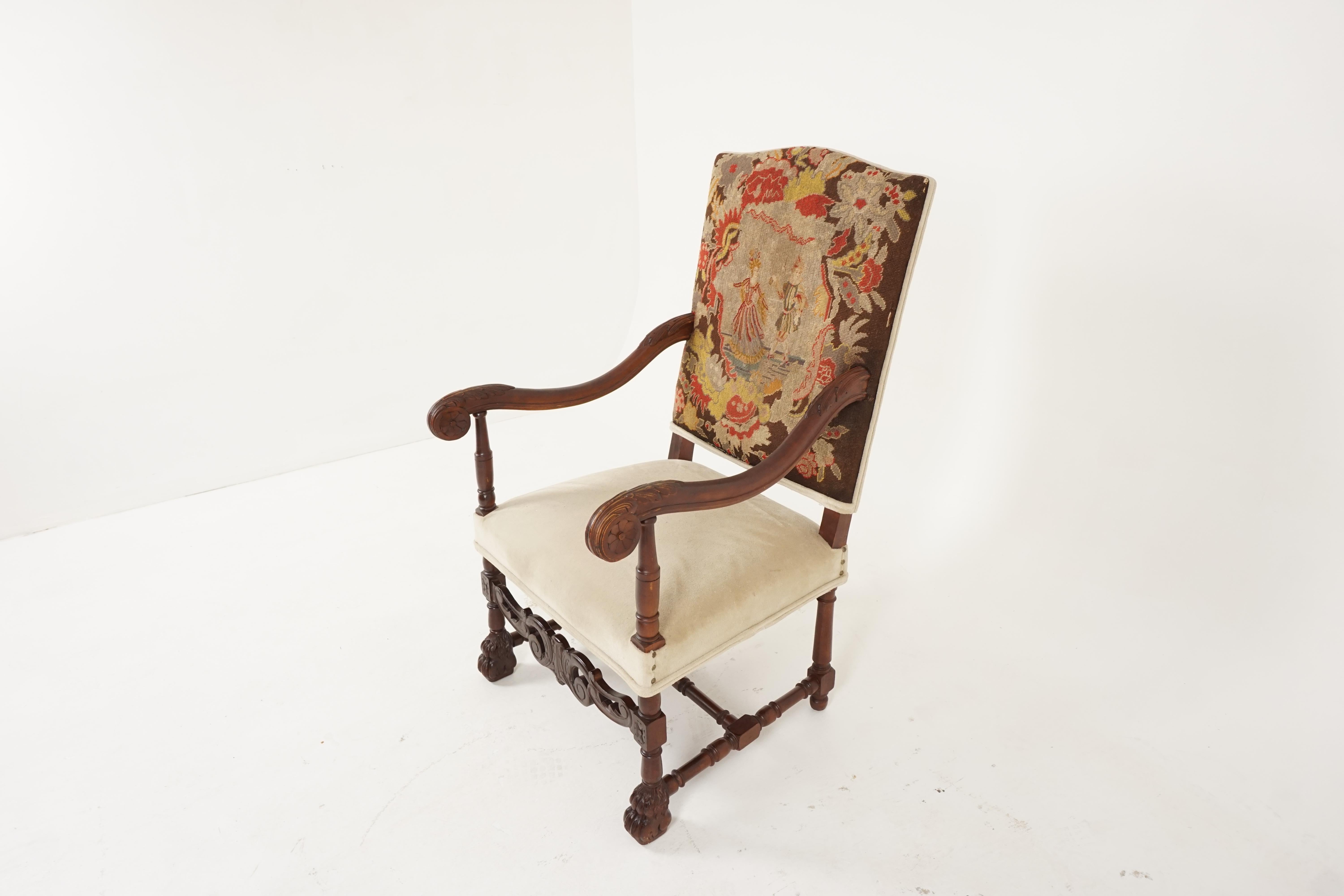 Antique Victorian open armchair, carved walnut, throne chair, Scotland 1880, H150

Scotland, 1880
Solid walnut
Original finish
High back with needlepoint
Down swept carved armrests with scroll end
An upholstered seat
On turned legs with carved feet