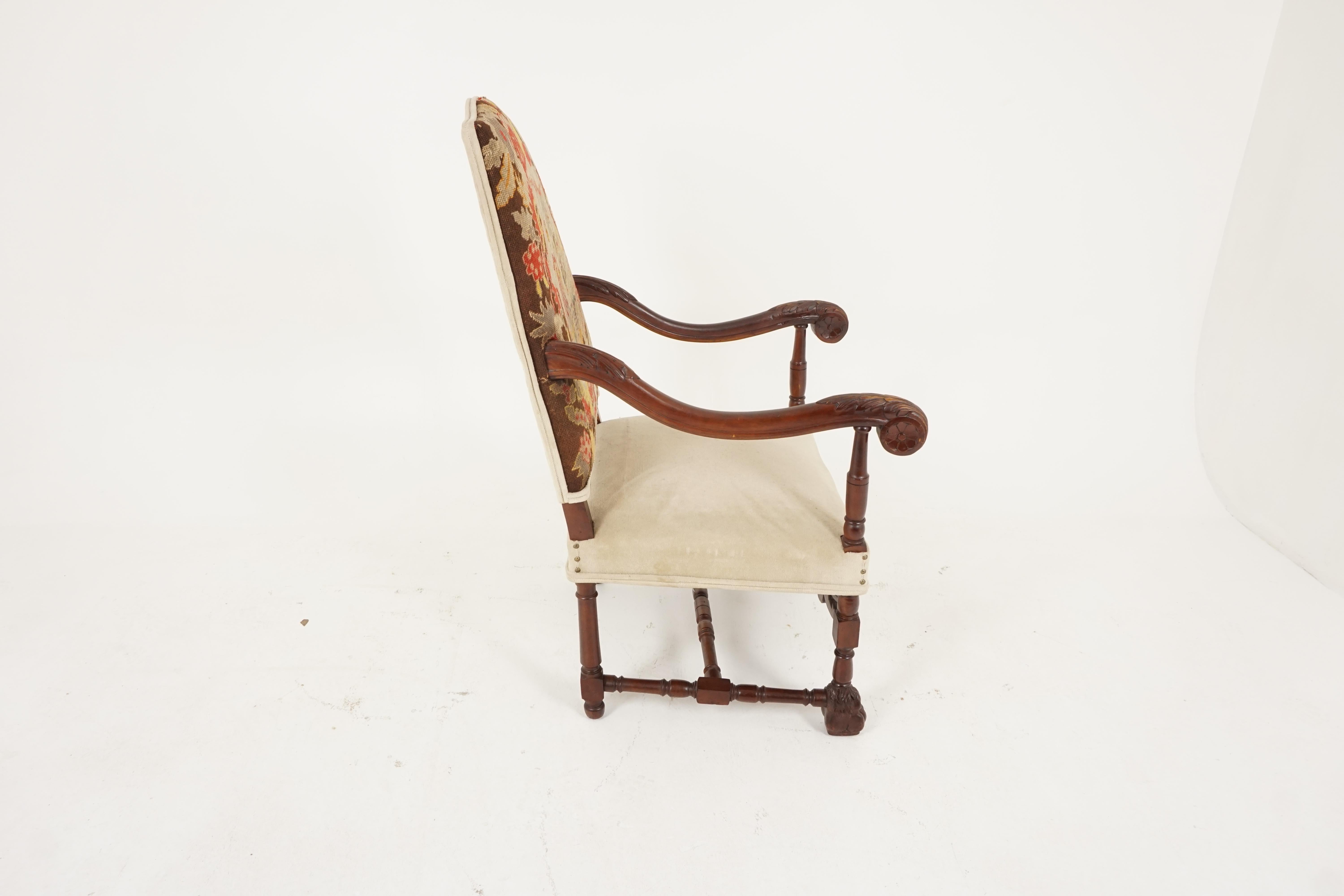Antique Victorian Open Arm/Throne Chair, Carved Walnut, Scotland 1880, H150 For Sale 3