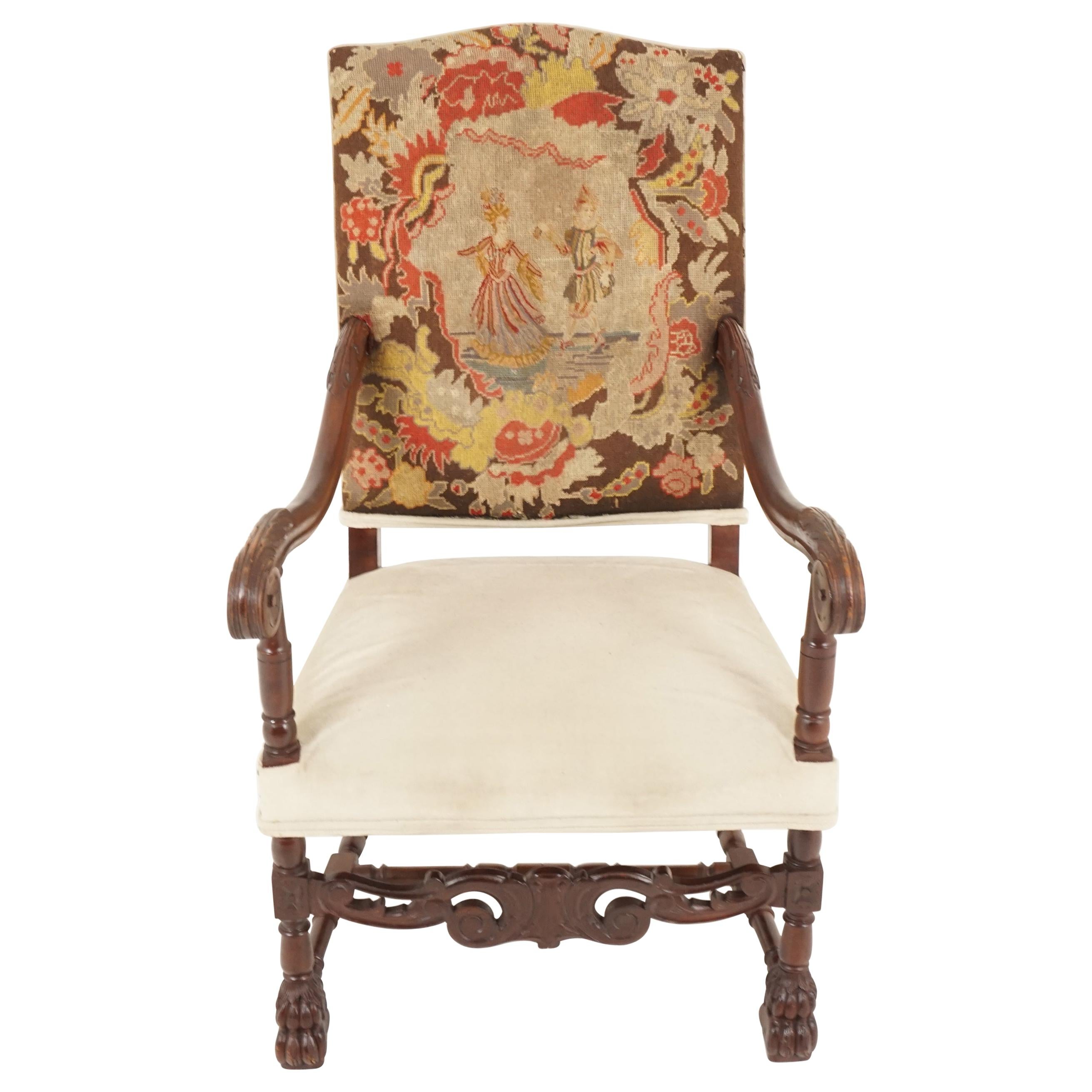 Antique Victorian Open Arm/Throne Chair, Carved Walnut, Scotland 1880, H150 For Sale