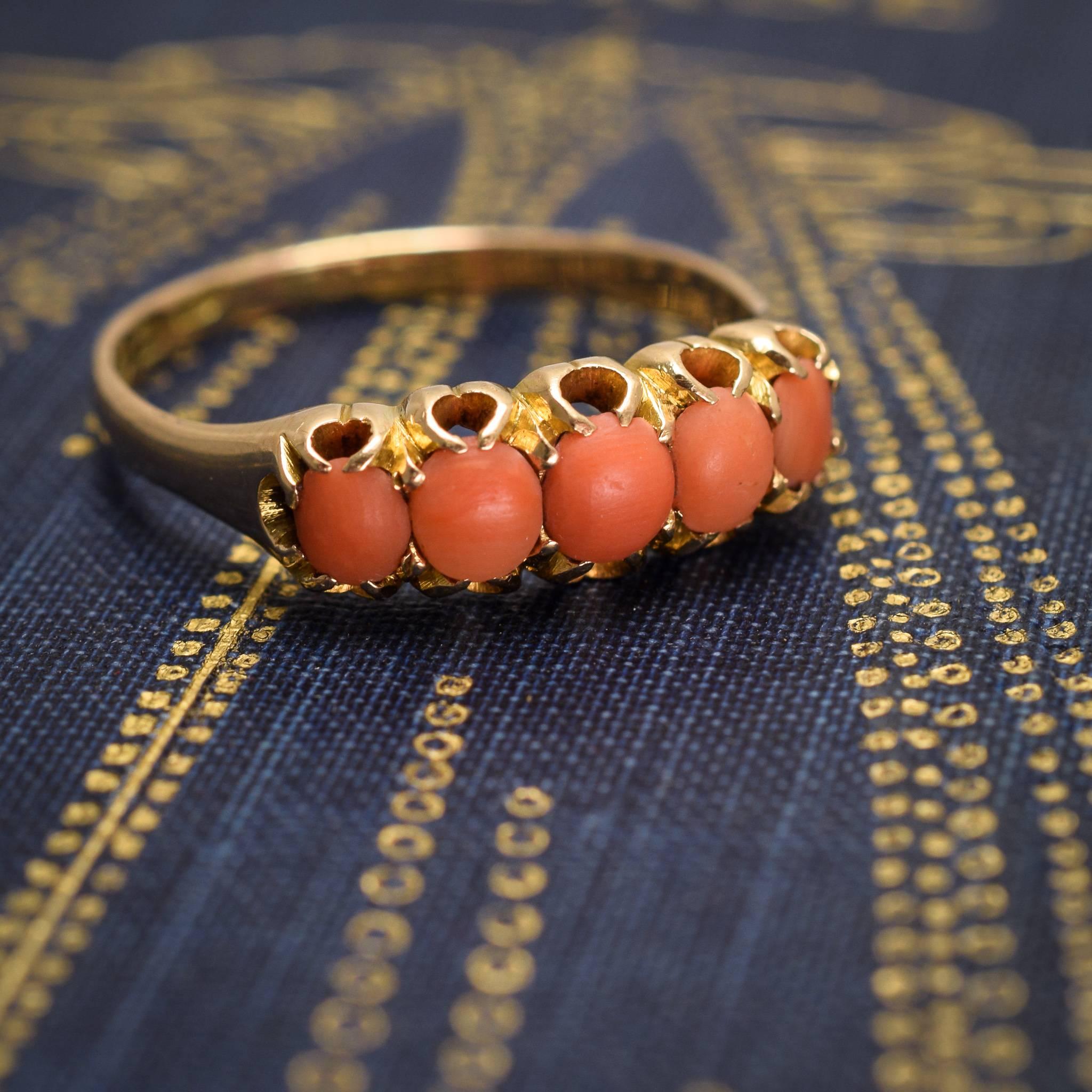 Antique Victorian Orange Coral Five-Stone Ring In Good Condition In Sale, Cheshire
