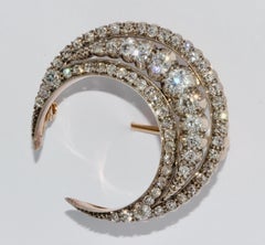 Antique Victorian, Orient Style, Gold Half Moon, Crescent Diamond Brooch