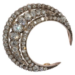 Antique Victorian, Orient Style, Gold Half Moon, Crescent Diamond Brooch