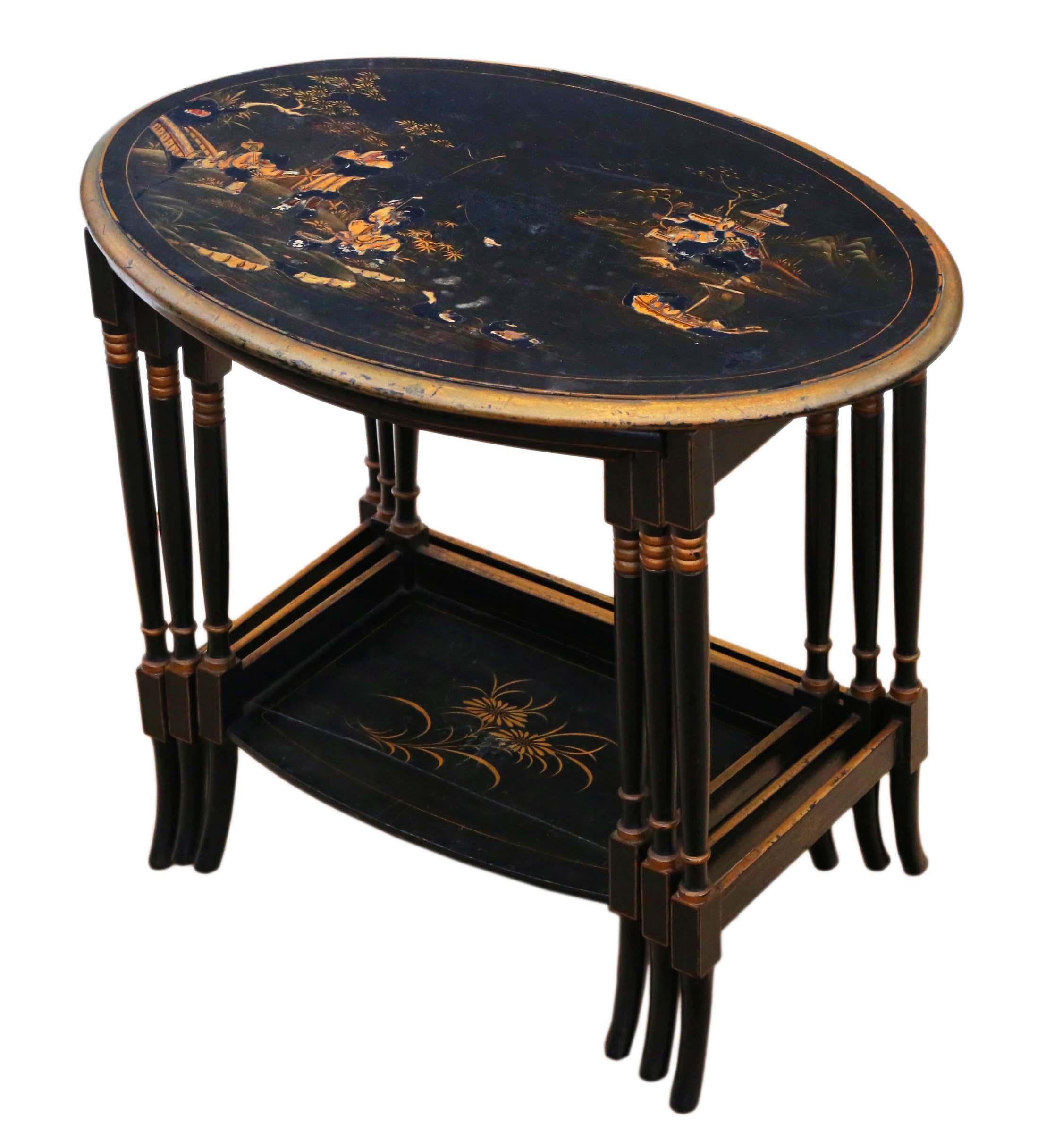 Antique quality Victorian oriental chinoiserie nest of decorated black lacquer tables. Date from circa 1895.
 
Very attractive, with lovely proportions and styling. No woodworm.
 
No loose joints or woodworm.
Good age color and