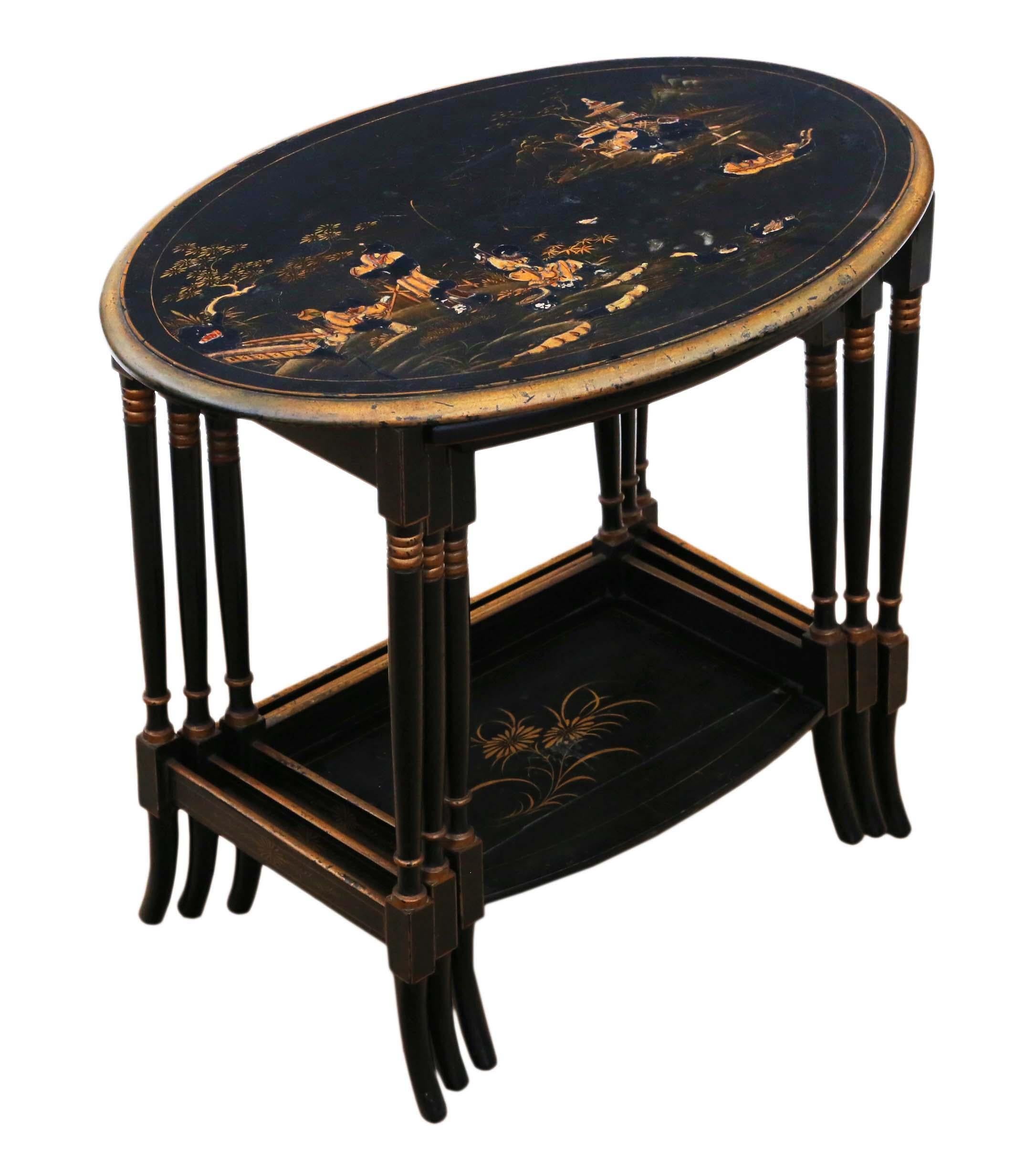 Lacquered Antique Victorian Oriental Chinoiserie Nest of Decorated Black Lacquer Tables