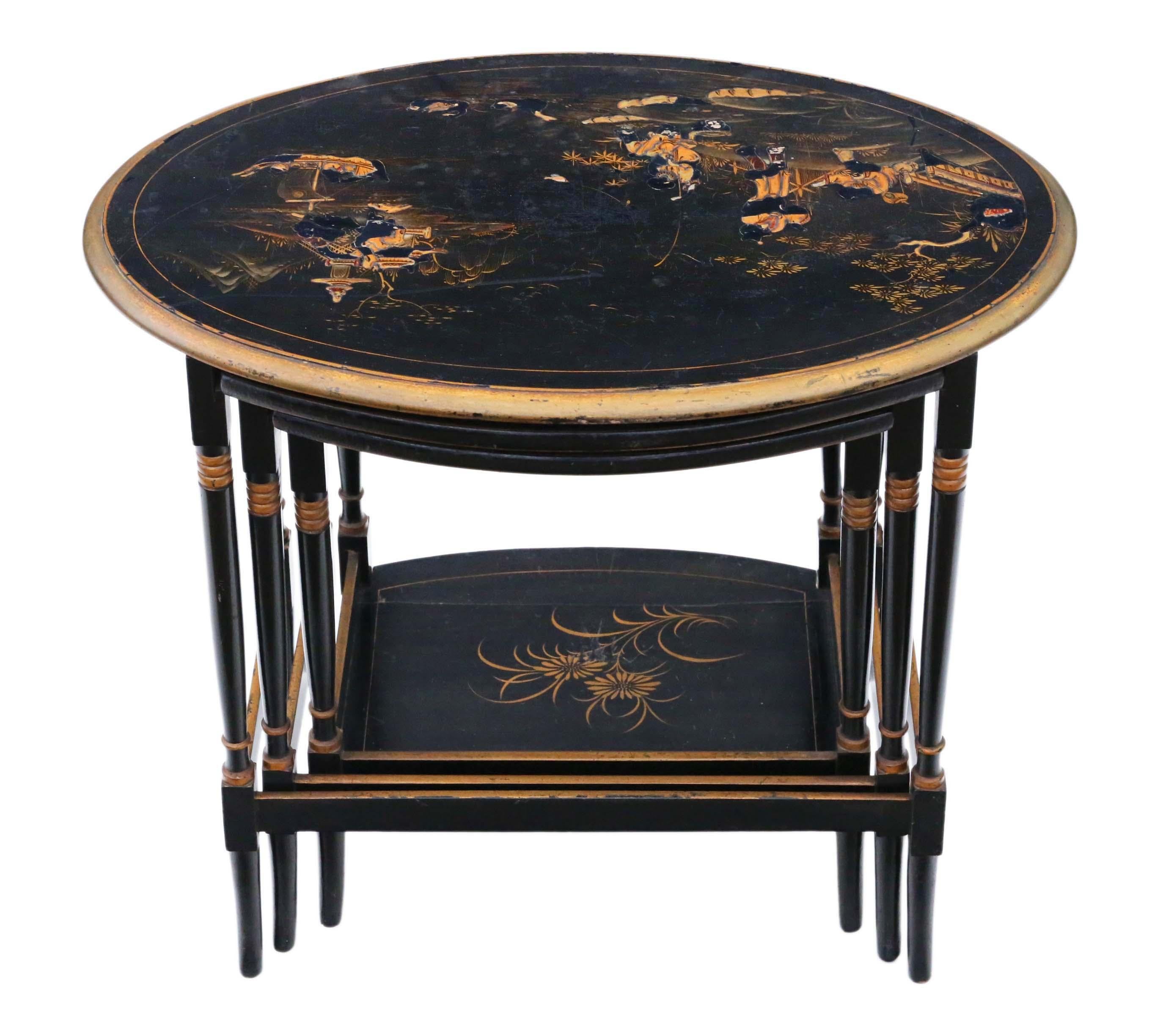 Antique Victorian Oriental Chinoiserie Nest of Decorated Black Lacquer Tables In Good Condition In Wisbech, Cambridgeshire