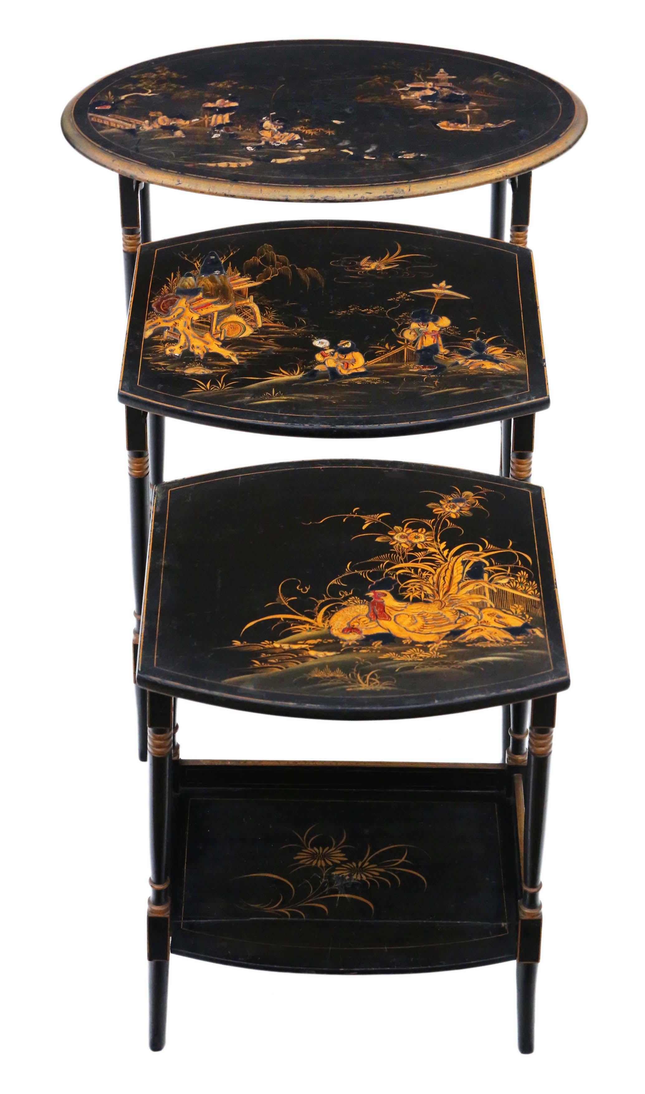 Late 19th Century Antique Victorian Oriental Chinoiserie Nest of Decorated Black Lacquer Tables