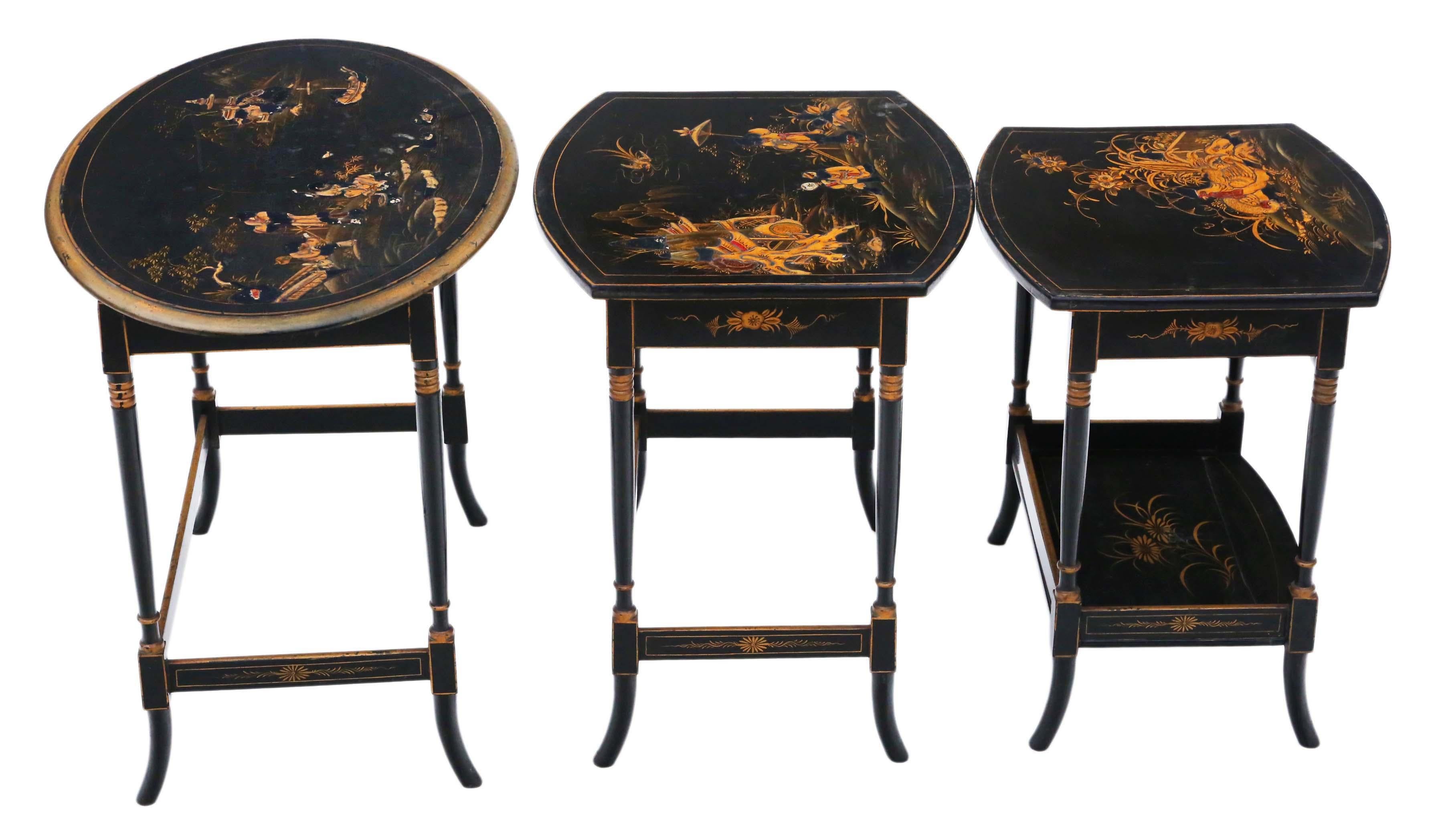 Wood Antique Victorian Oriental Chinoiserie Nest of Decorated Black Lacquer Tables
