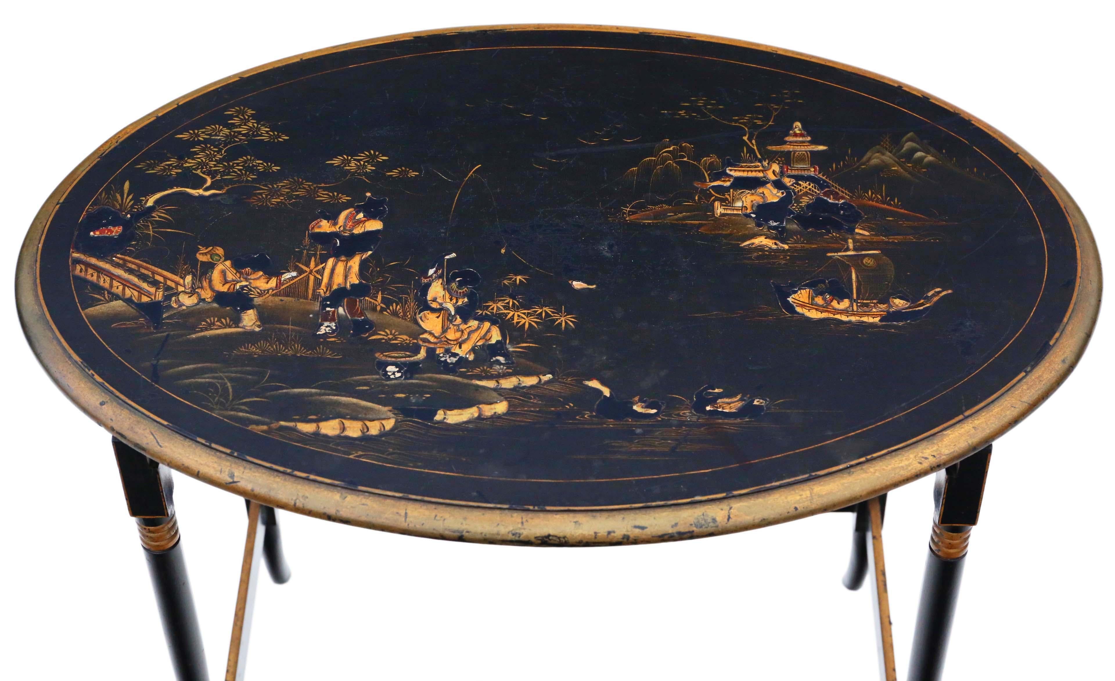 Antique Victorian Oriental Chinoiserie Nest of Decorated Black Lacquer Tables 1