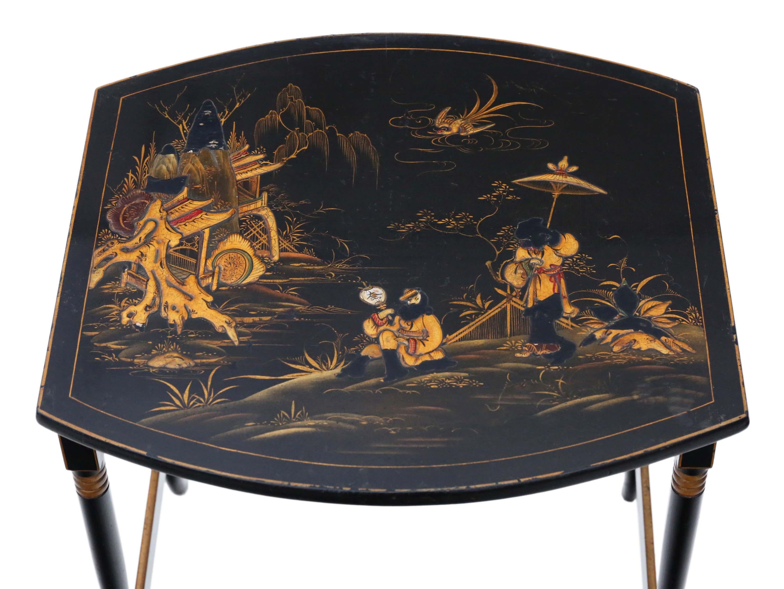 Antique Victorian Oriental Chinoiserie Nest of Decorated Black Lacquer Tables 2