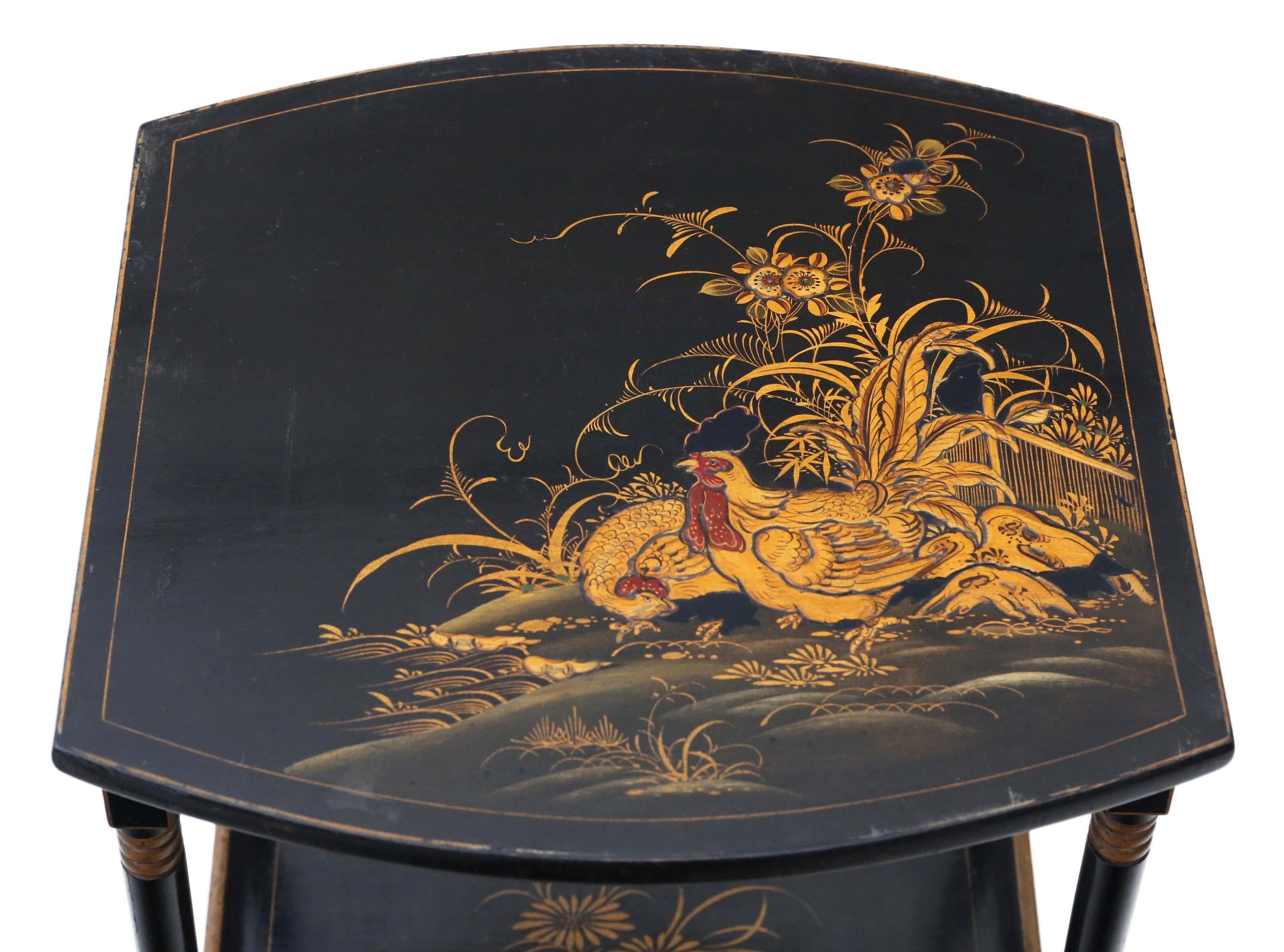 Antique Victorian Oriental Chinoiserie Nest of Decorated Black Lacquer Tables 3