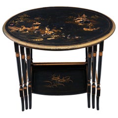 Antique Victorian Oriental Chinoiserie Nest of Decorated Black Lacquer Tables