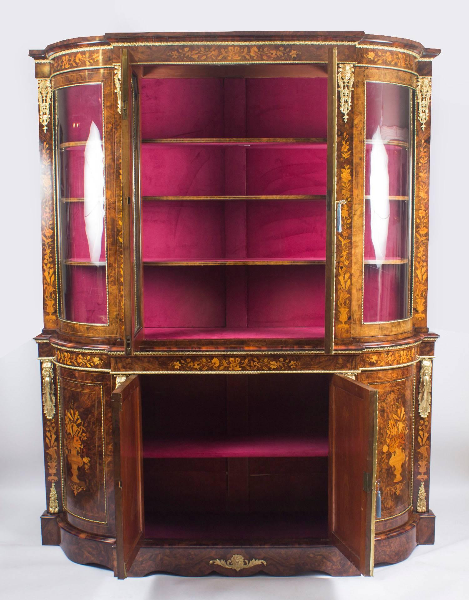 Mid-19th Century Victorian Ormolu-Mounted Burr Walnut Floral Marquetry Cabinet, 19th Century