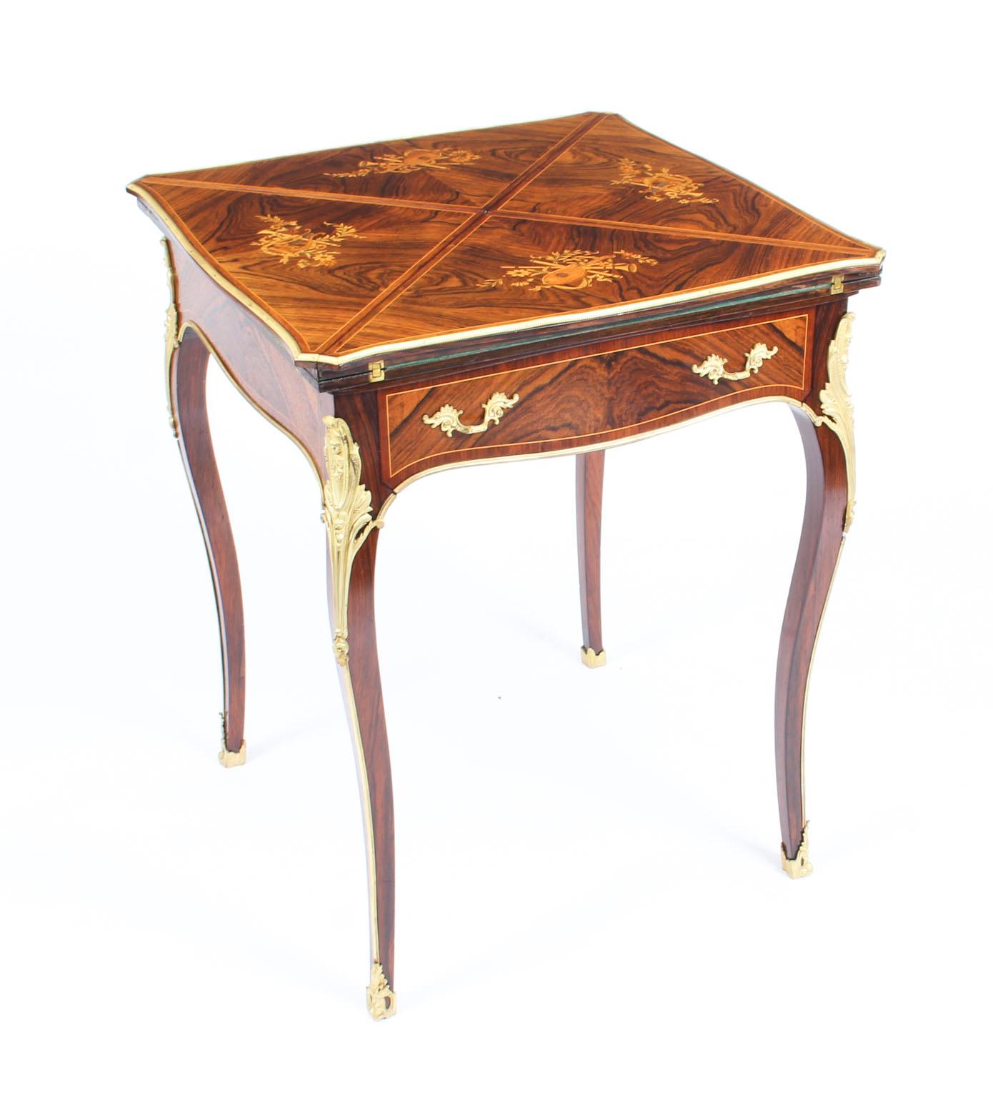 Antique Victorian Ormolu Mounted Marquetry Envelope Card Table 19th Century For Sale 6