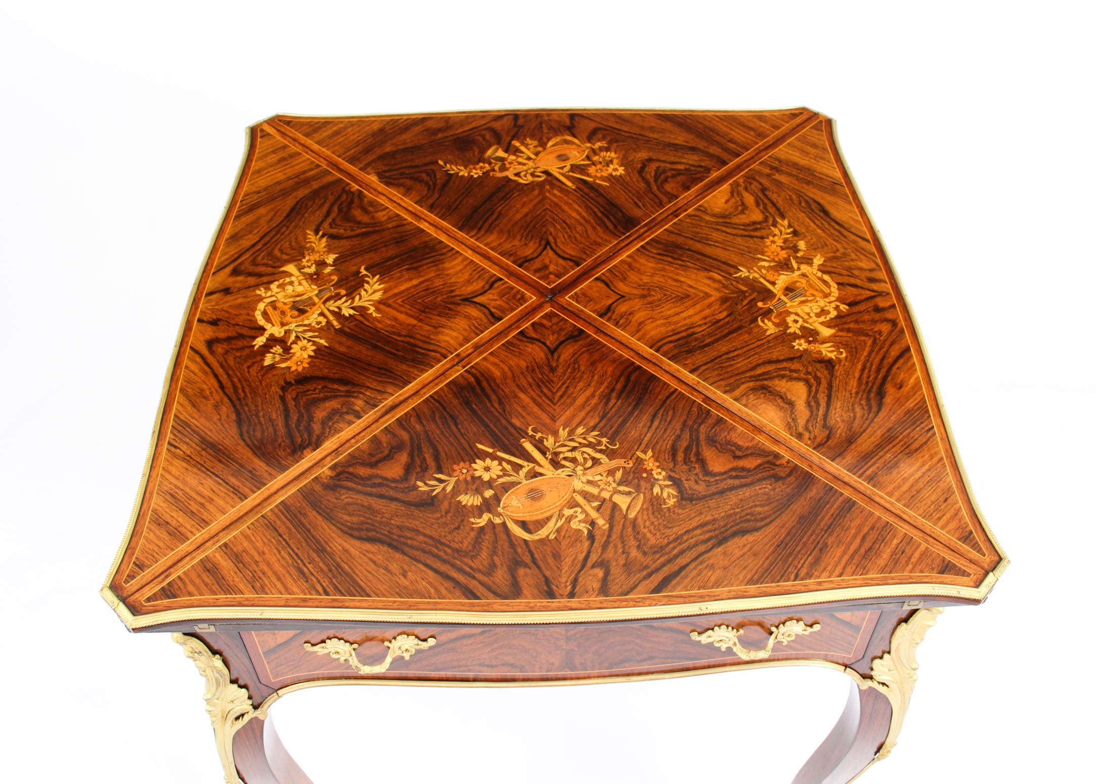 English Antique Victorian Ormolu Mounted Marquetry Envelope Card Table 19th Century For Sale