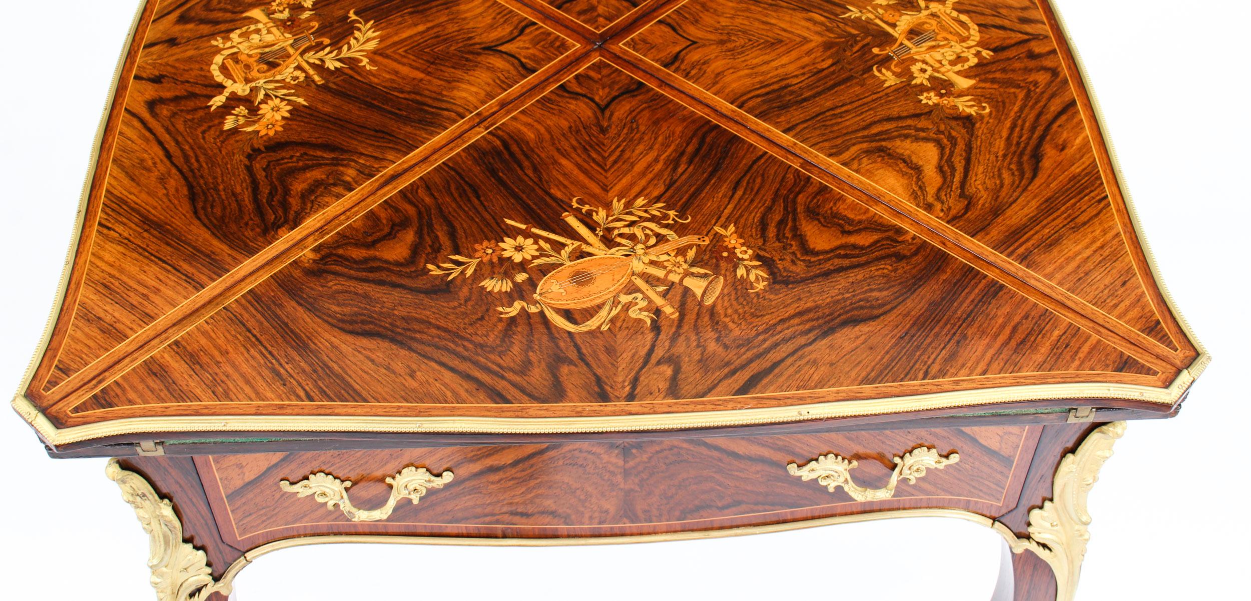Antiker viktorianischer Kartentisch mit Goldbronze-Intarsien und Intarsien, 19. Jahrhundert (Marketerie) im Angebot