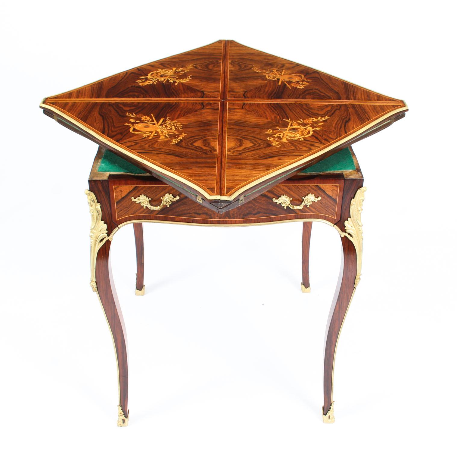 Late 19th Century Antique Victorian Ormolu Mounted Marquetry Envelope Card Table 19th Century For Sale