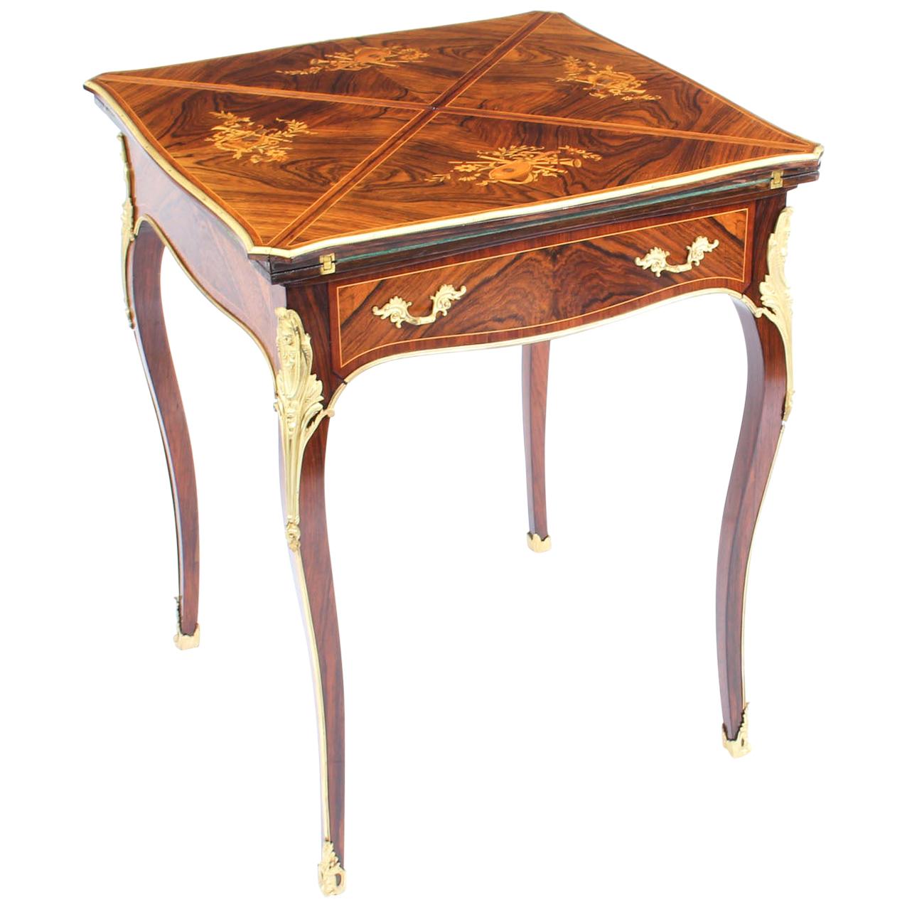 Antiker viktorianischer Kartentisch mit Goldbronze-Intarsien und Intarsien, 19. Jahrhundert