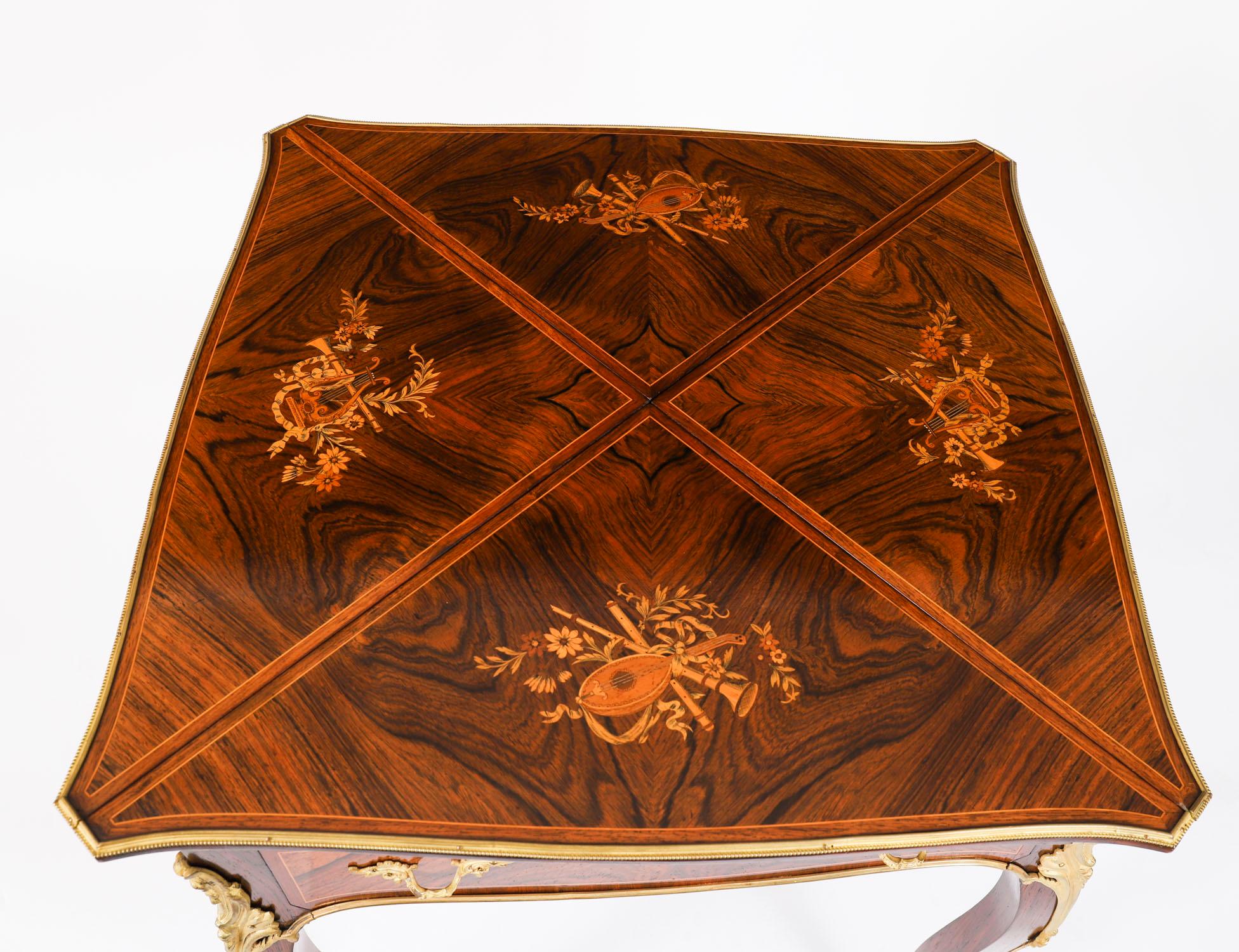 Gilt Antique Victorian Ormolu Mounted Marquetry Envelope Card Table 19th Century en vente