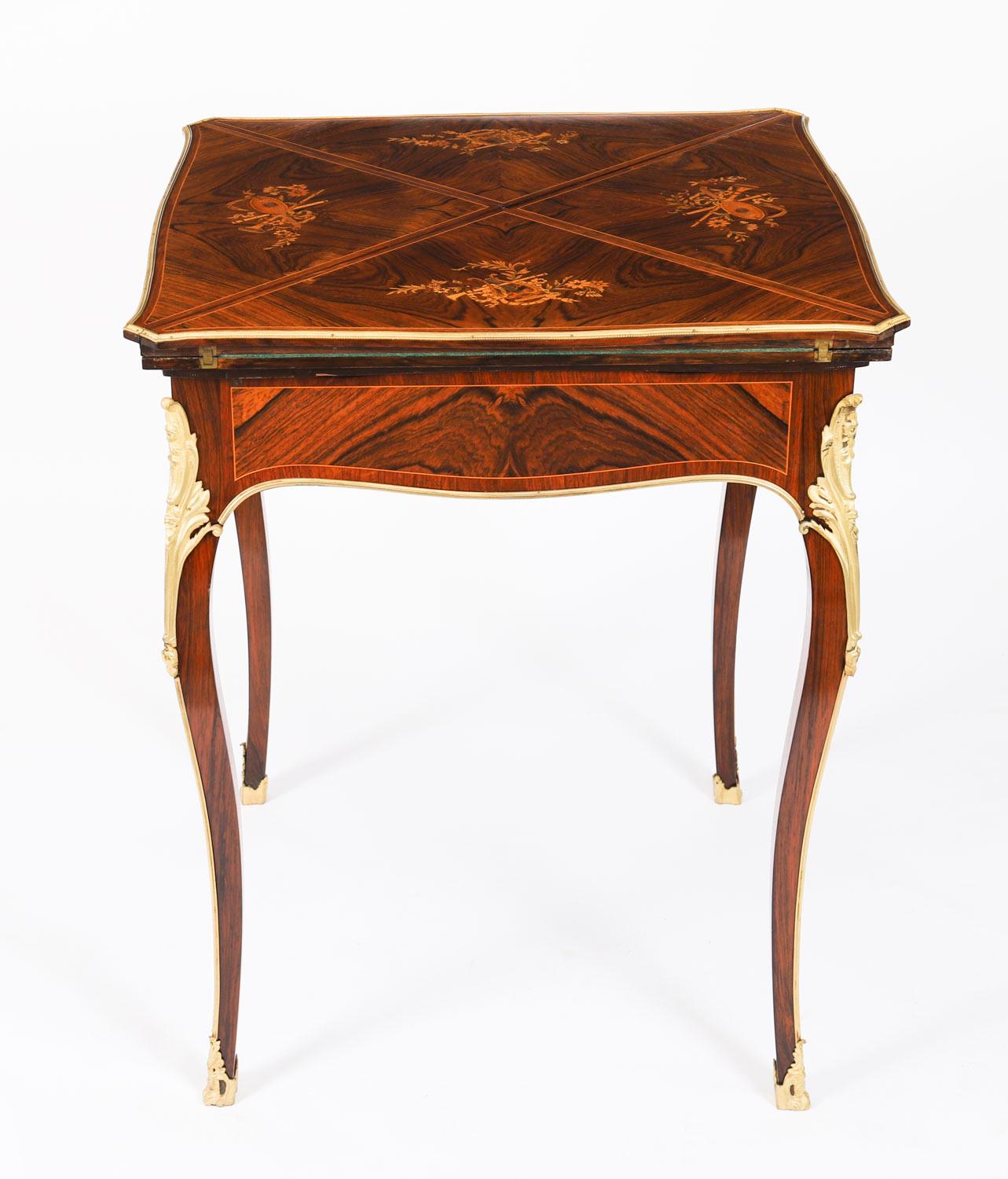 Antique Victorian Ormolu Mounted Marquetry Envelope Card Table 19th Century en vente 4