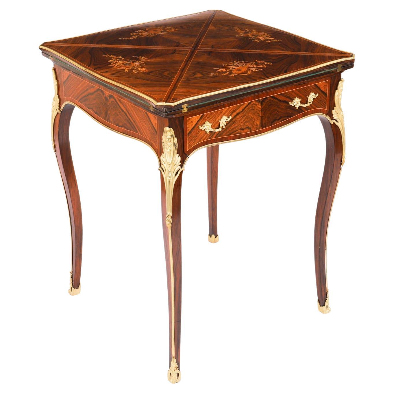 Antique Victorian Ormolu Mounted Marquetry Envelope Card Table 19th Century en vente