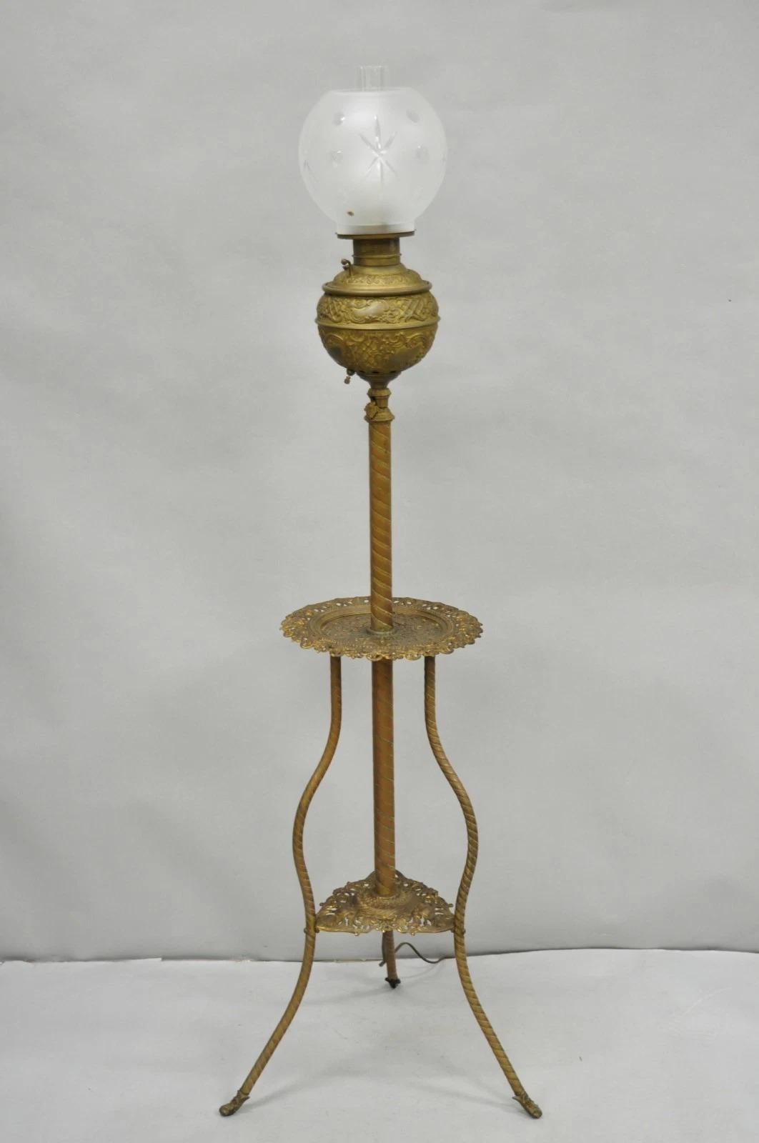 Antique Victorian Ornate Brass Converted Oil Lamp Piano Parlor Table Floor Lamp For Sale 12